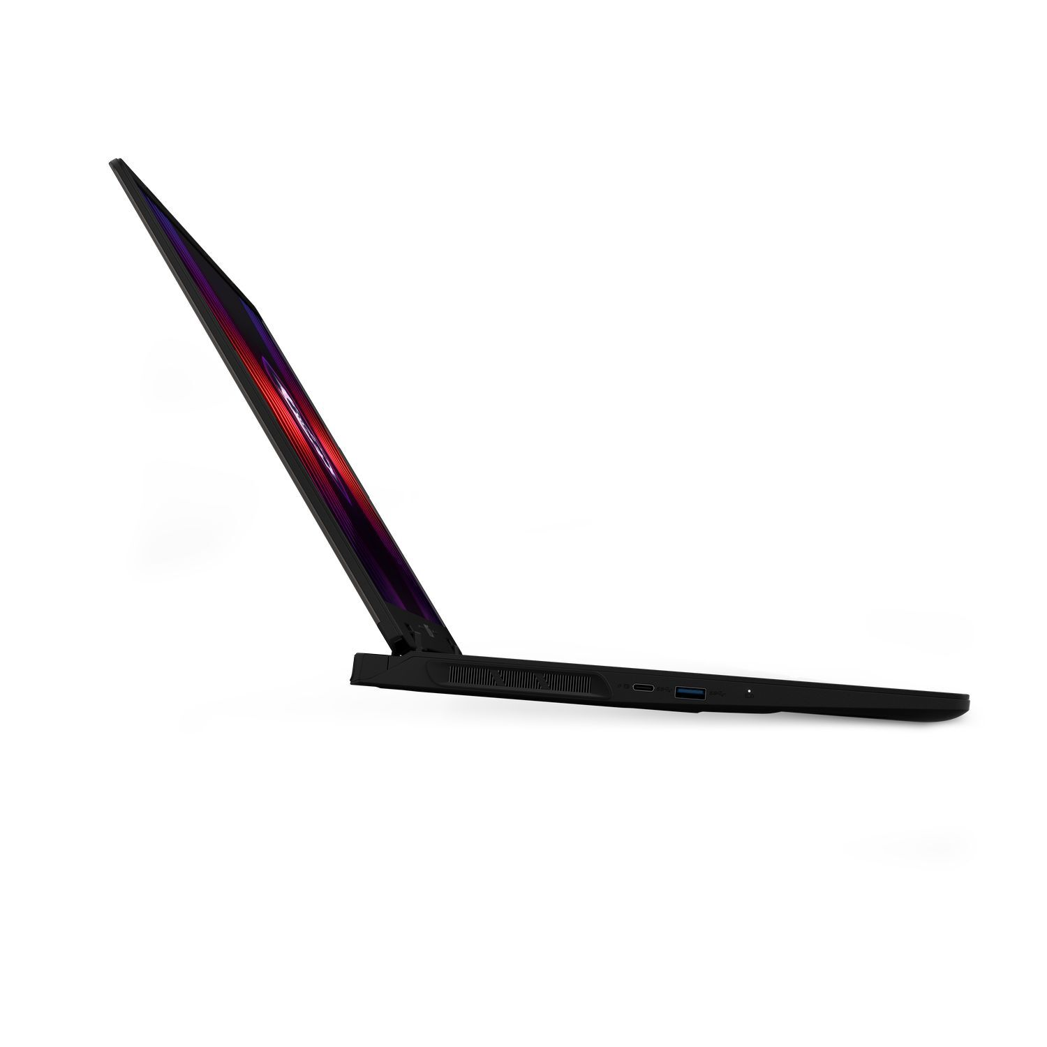 Un ordinateur portable noir est ouvert sur une surface blanche. L'écran affiche des dégradés rouges et violets.