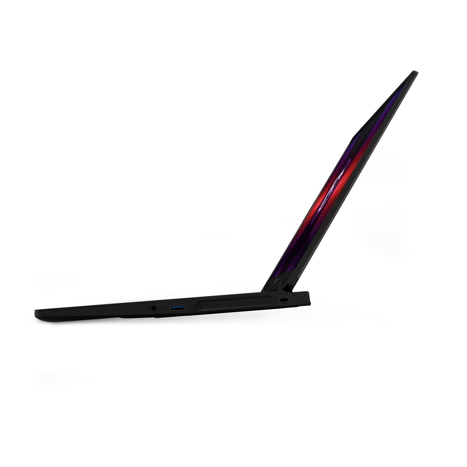 Un ordinateur portable noir est ouvert, affichant un écran coloré. Il est incliné sur un fond blanc.