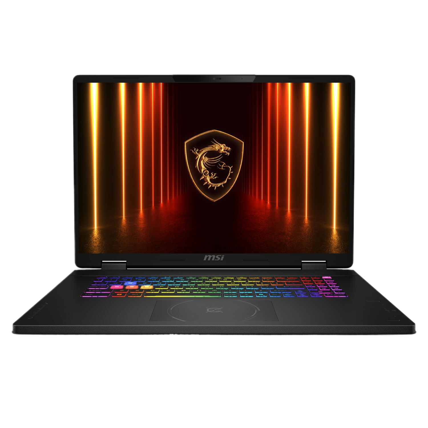 Un ordinateur portable MSI avec un clavier rétroéclairé coloré. L'écran affiche un logo de dragon doré et des lumières orange/jaune.