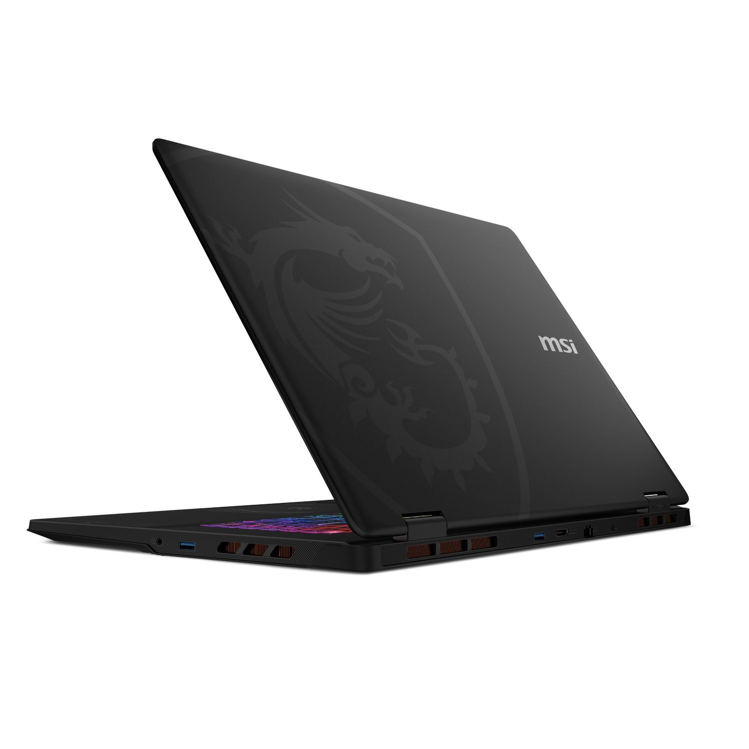 Ordinateur portable MSI noir, légèrement ouvert, avec un motif de dragon et le logo MSI. Le clavier a des lumières colorées.