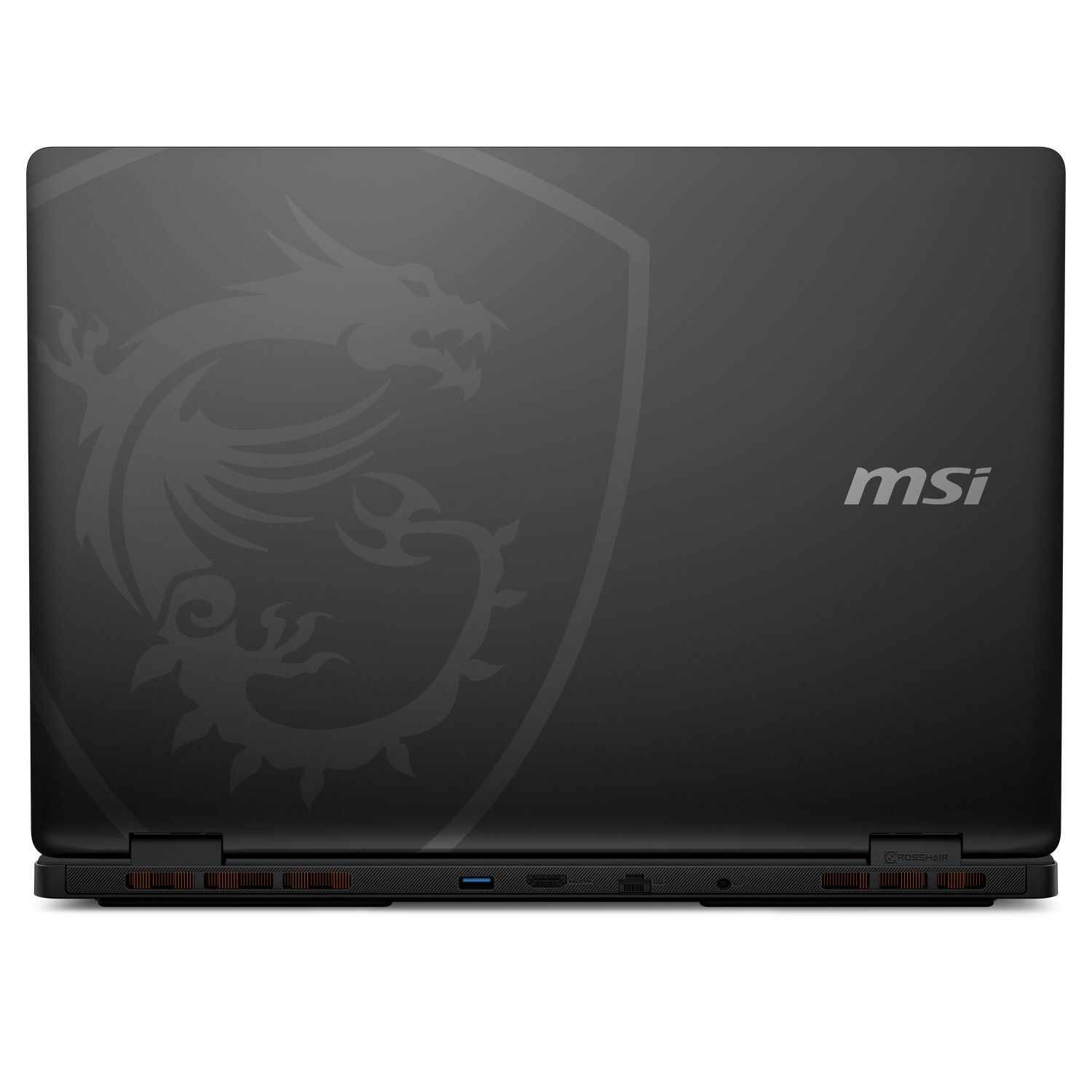Ordinateur portable noir avec un logo MSI et un motif de dragon sur le capot. Ports visibles sur le bord inférieur.