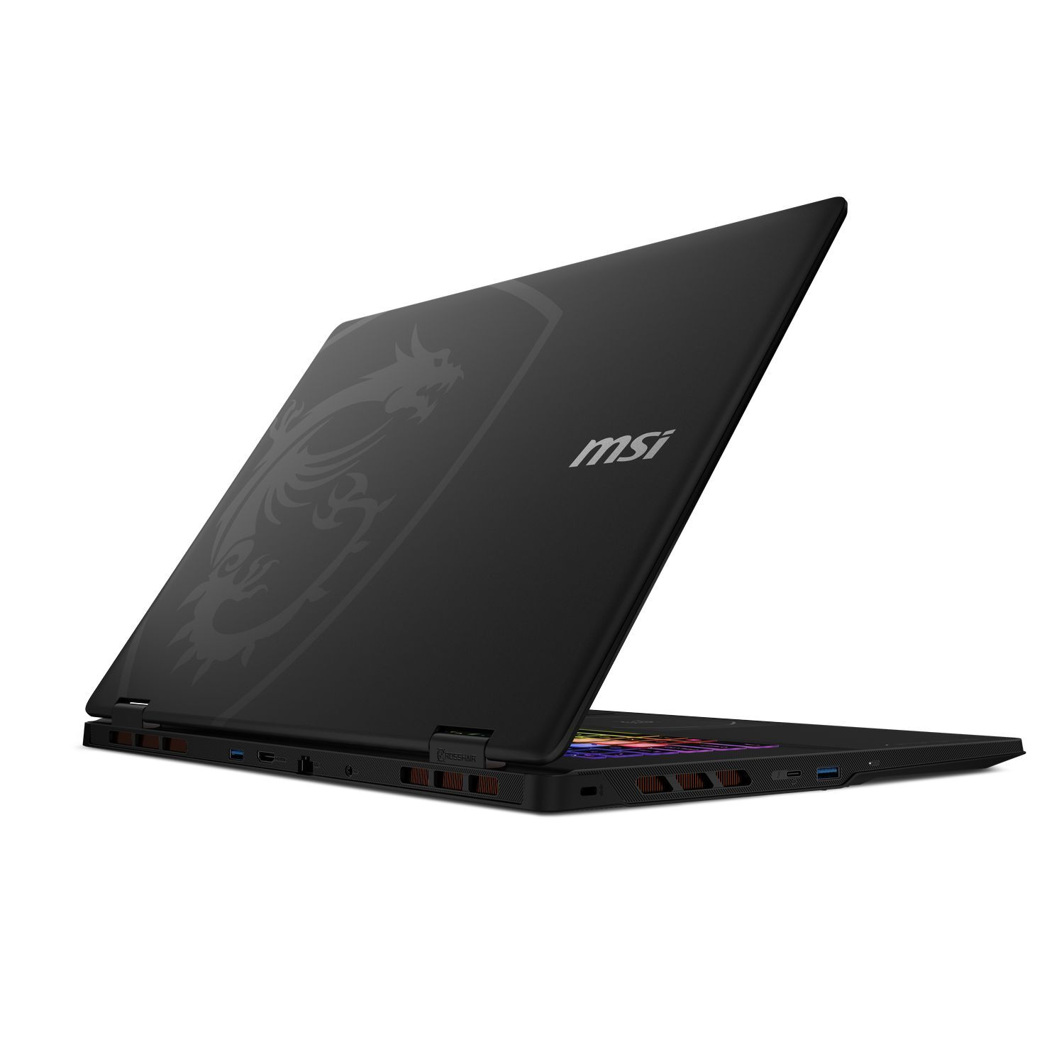 L'ordinateur portable MSI noir est ouvert sur fond blanc. Il affiche un logo de dragon et le logo MSI. L'ordinateur portable est incliné.