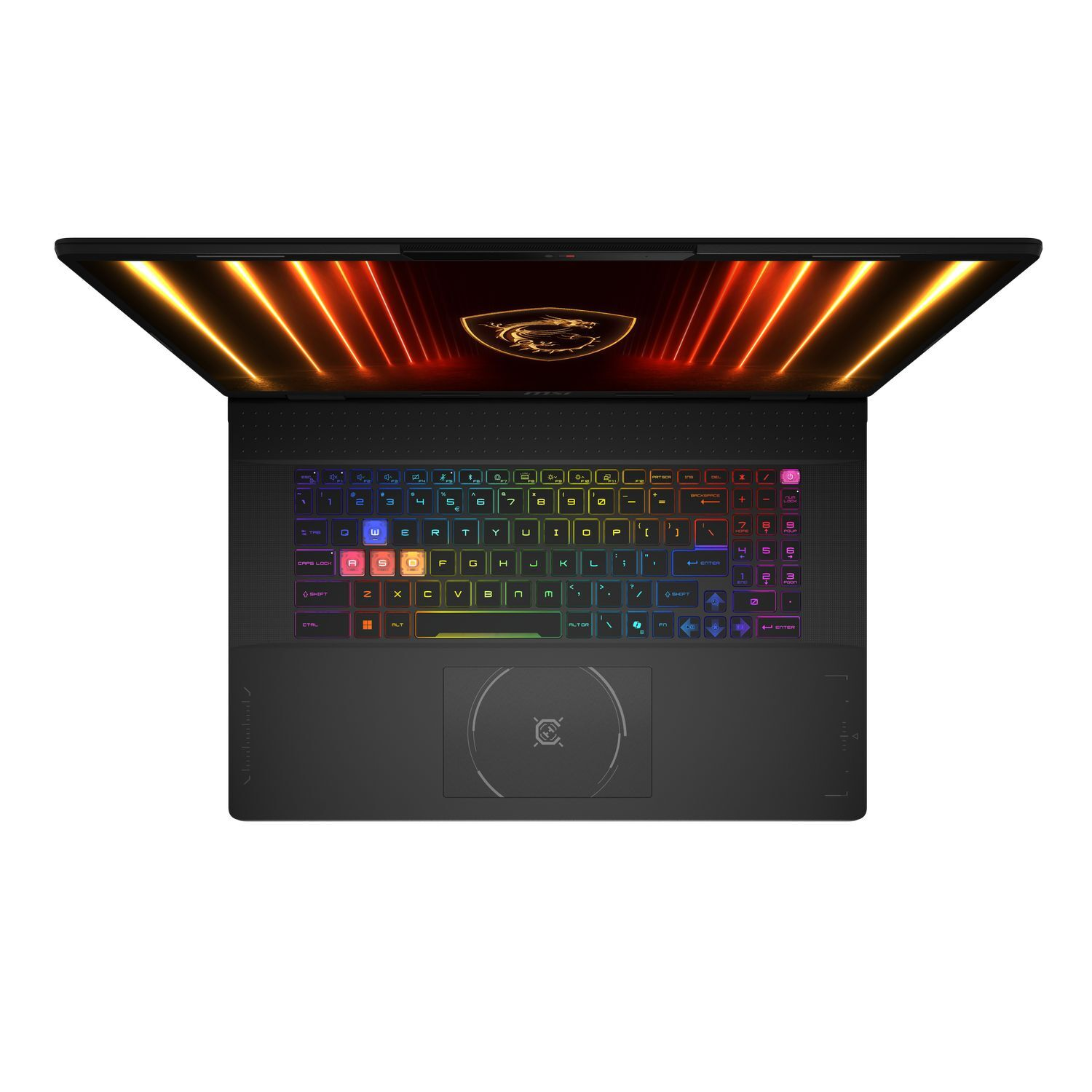 Vue de dessus d'un ordinateur portable MSI noir avec des touches de clavier éclairées. L'écran affiche un fond dégradé rouge et orange.