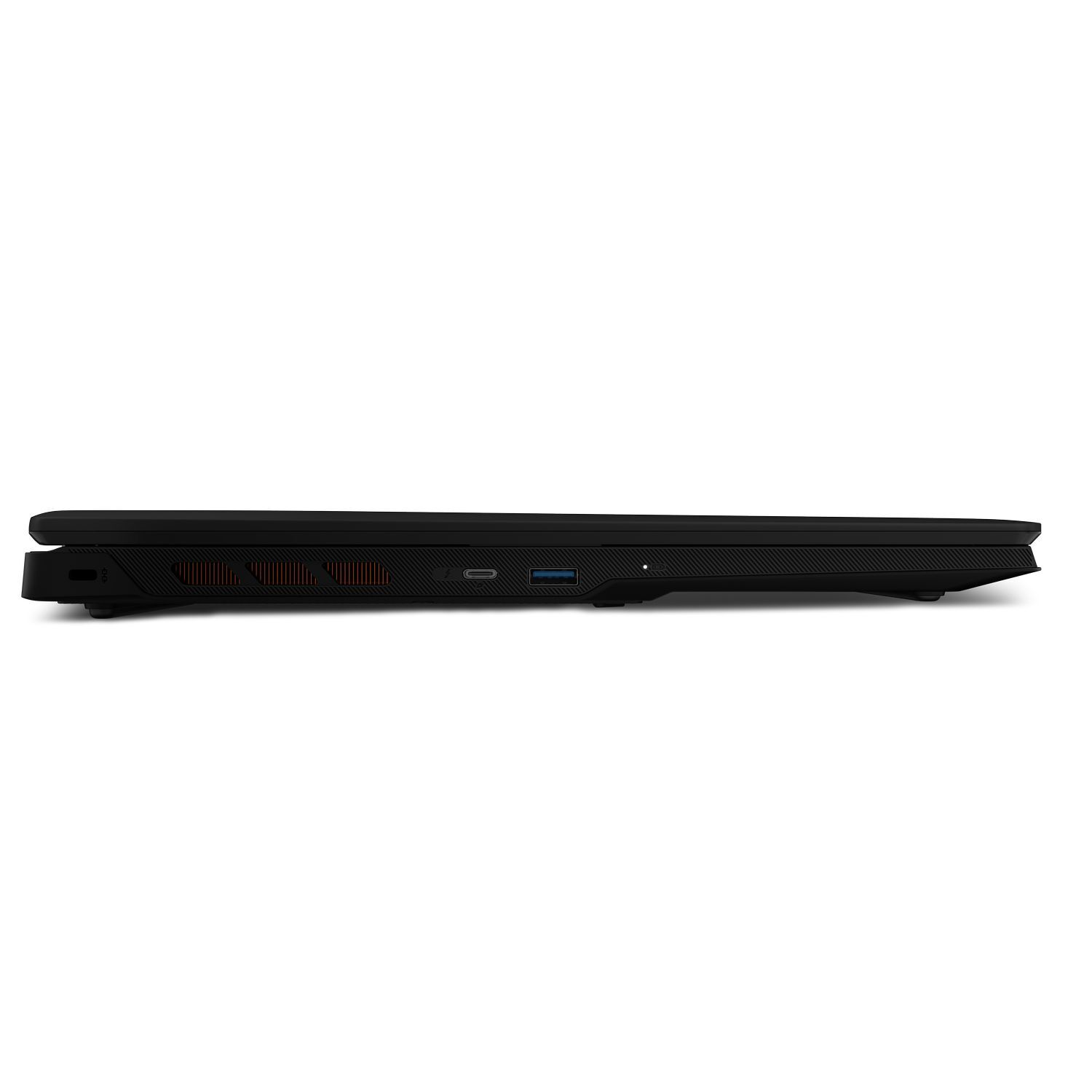 Vue latérale d'un ordinateur portable noir. Les ports visibles incluent USB et USB-C. L'ordinateur est fermé, sur fond blanc.