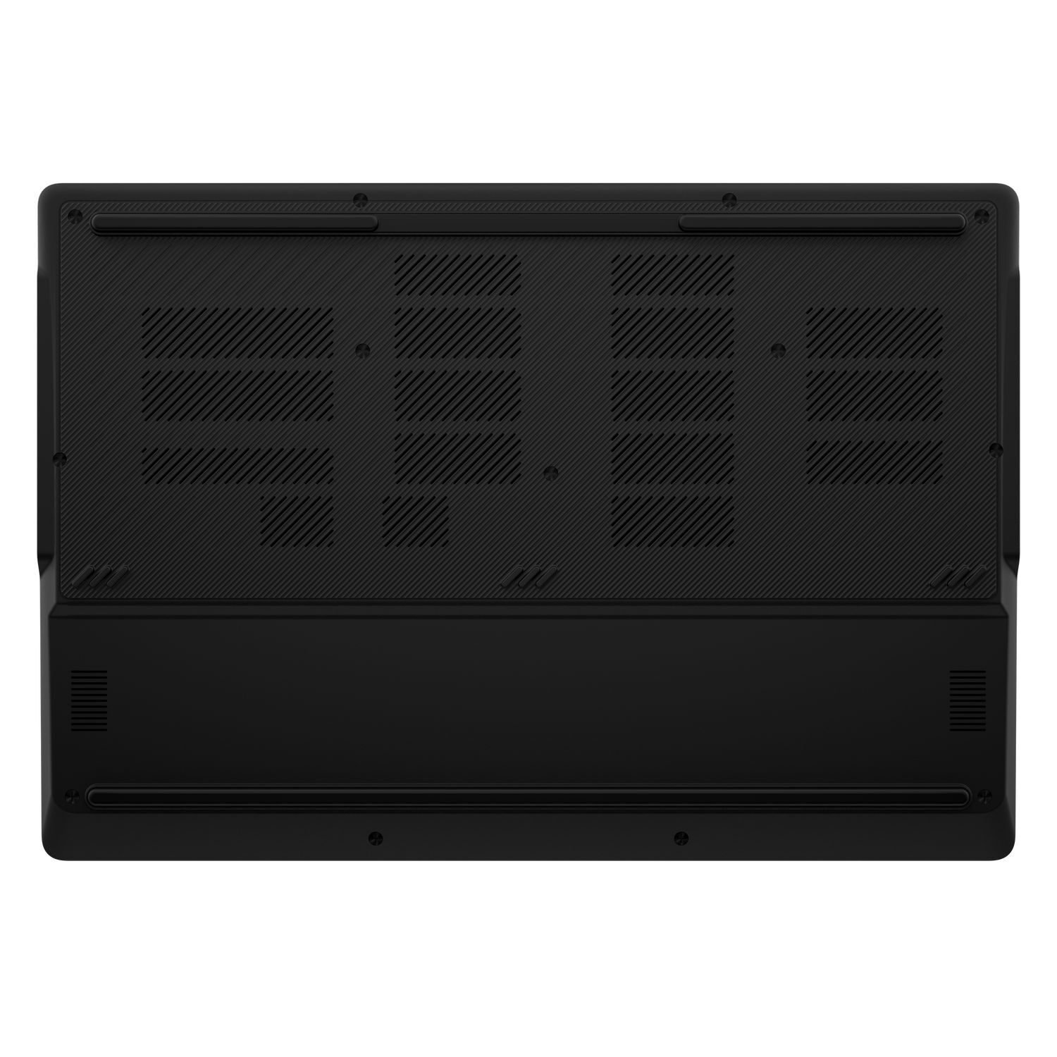 Vue de dessous d'un ordinateur portable noir. Comprend des grilles d'aération, des vis et une surface texturée pour la dissipation de la chaleur.