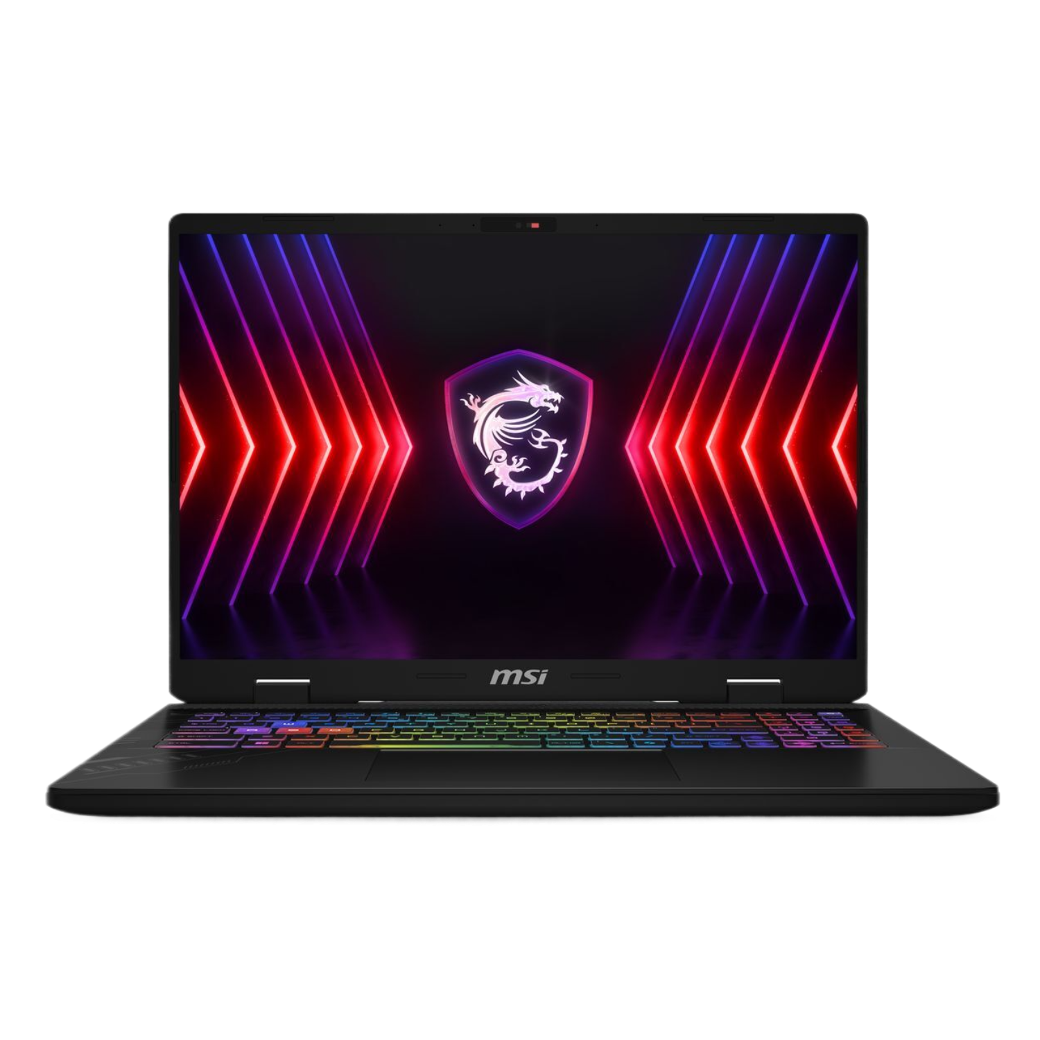Zwarte MSI laptop met een oplichtend drakenlogo op het scherm. Het toetsenbord heeft gekleurde lichten. Rode, paarse en blauwe lichtpatronen op het scherm.