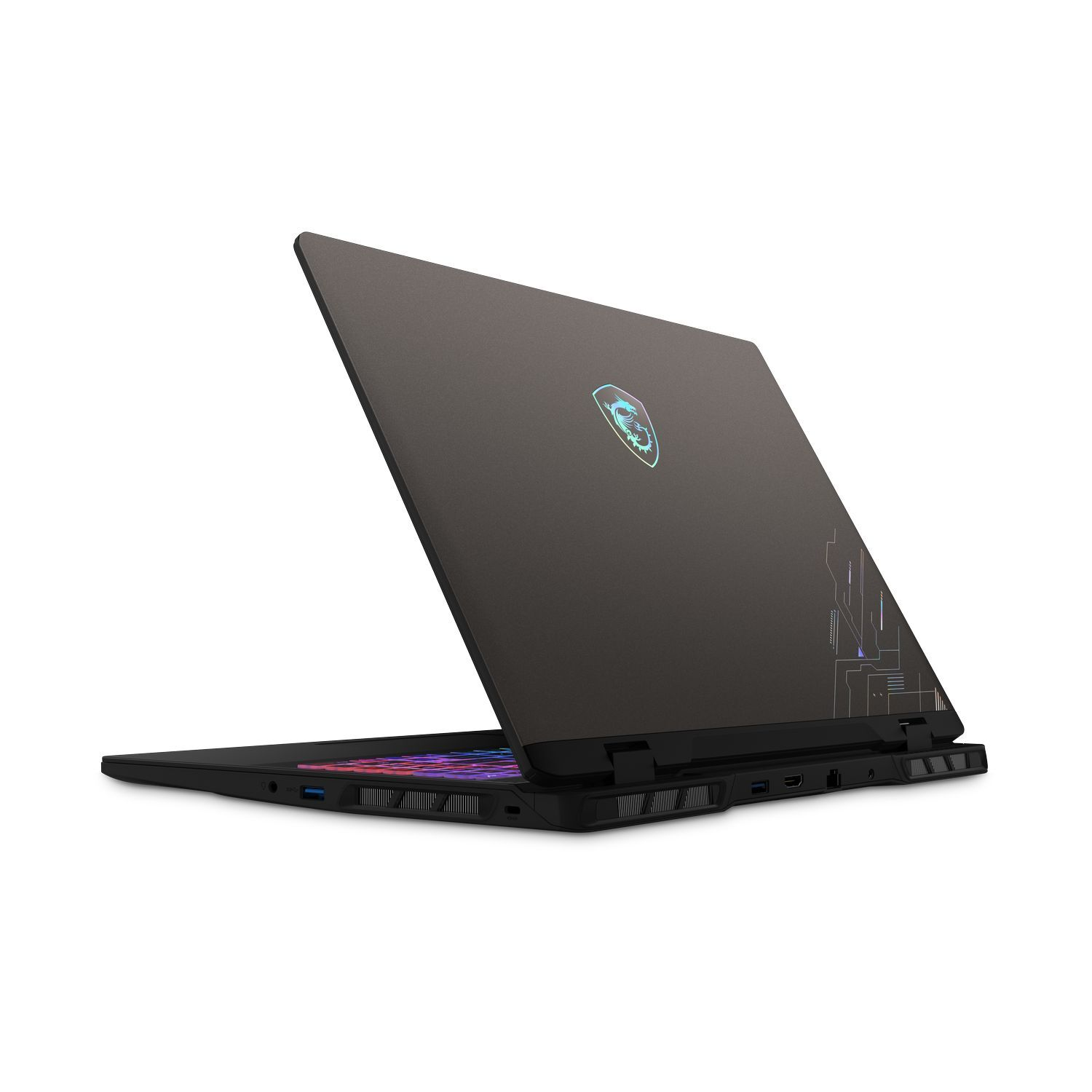 Een donkergrijze laptop staat open op een wit oppervlak. Het scherm heeft een logo en ontwerp. Het toetsenbord heeft kleurrijke lichten.