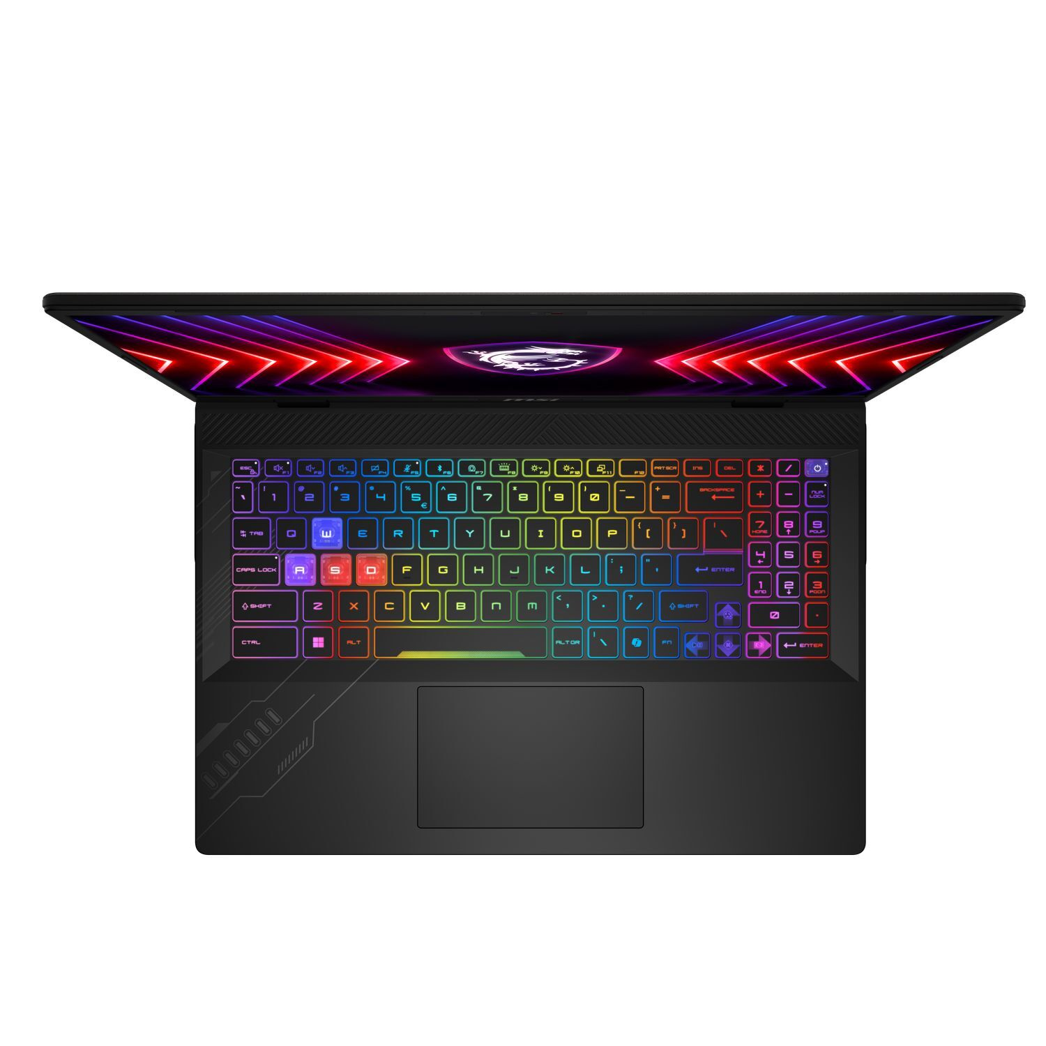 Een zwarte laptop is open, met een toetsenbord met achtergrondverlichting en kleurrijke toetsen. Het scherm toont een levendig ontwerp.