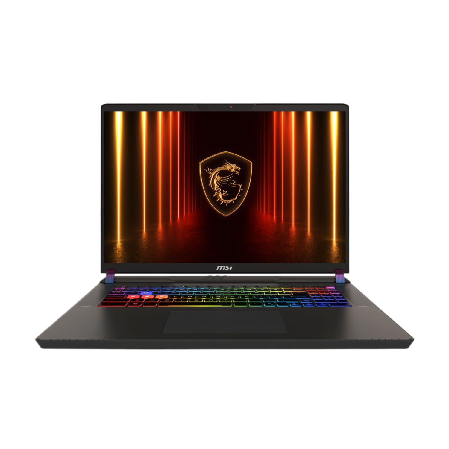 Ordinateur portable noir avec clavier arc-en-ciel éclairé. L'écran affiche l'emblème du dragon doré. Logo MSI visible.