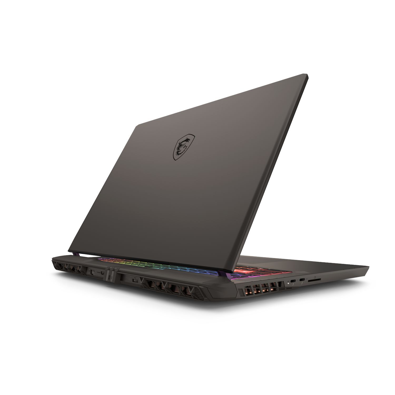 Un ordinateur portable gris foncé est légèrement ouvert, révélant un clavier coloré. Le logo MSI est visible sur le couvercle, sur fond blanc.