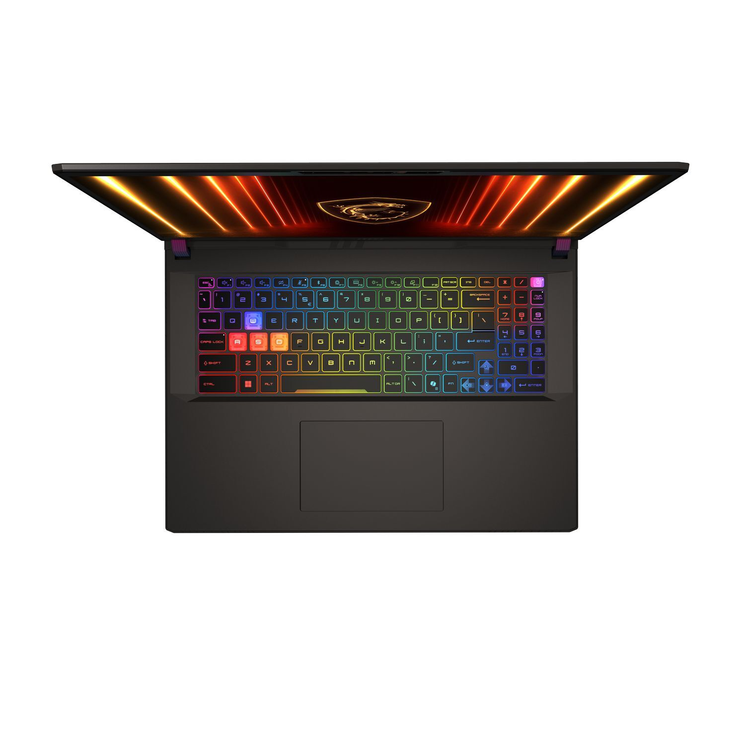 Vue de dessus d'un ordinateur portable noir avec écran ouvert. Le clavier est multicolore et l'écran affiche un design flamboyant.