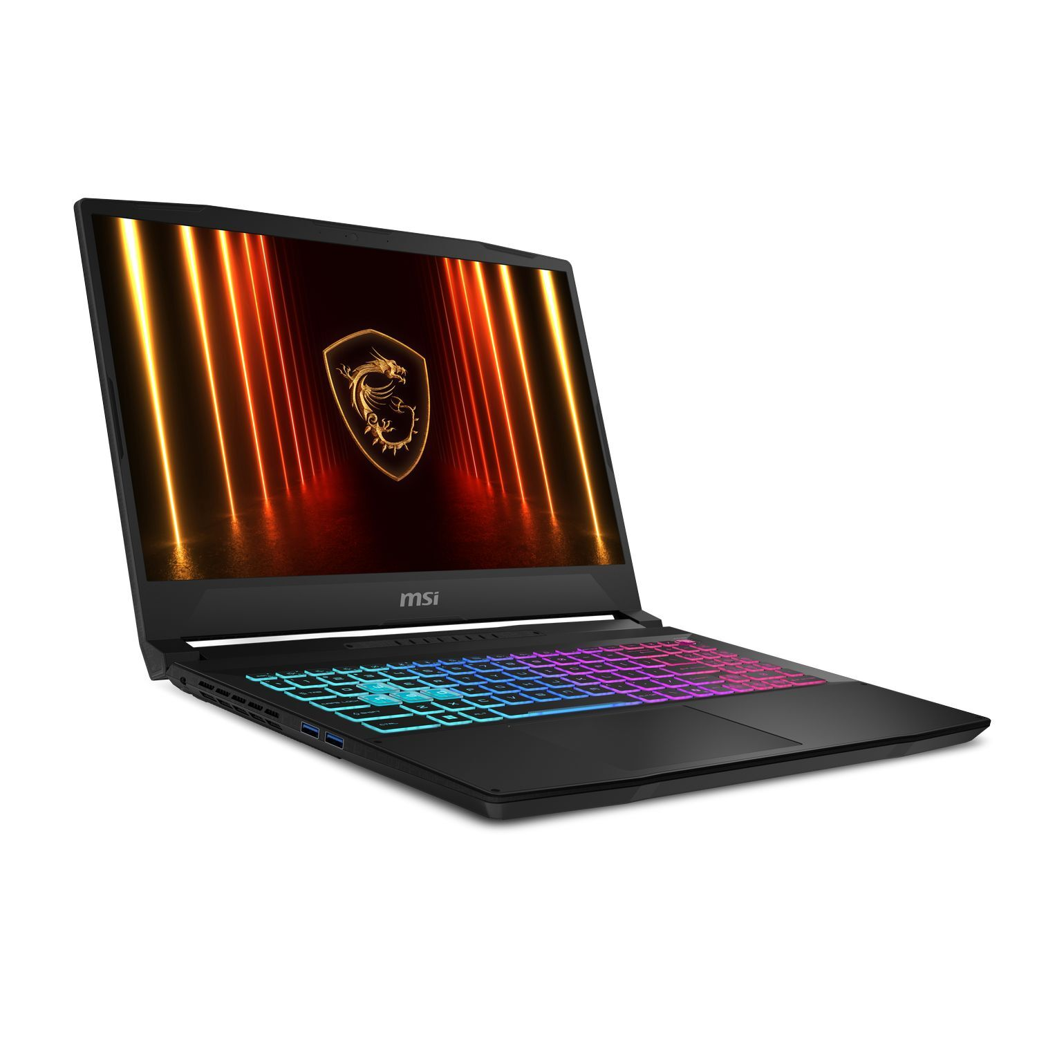 Black MSI laptop with an open screen displaying an abstract design. The keyboard has RGB lighting. The laptop is on a white background.