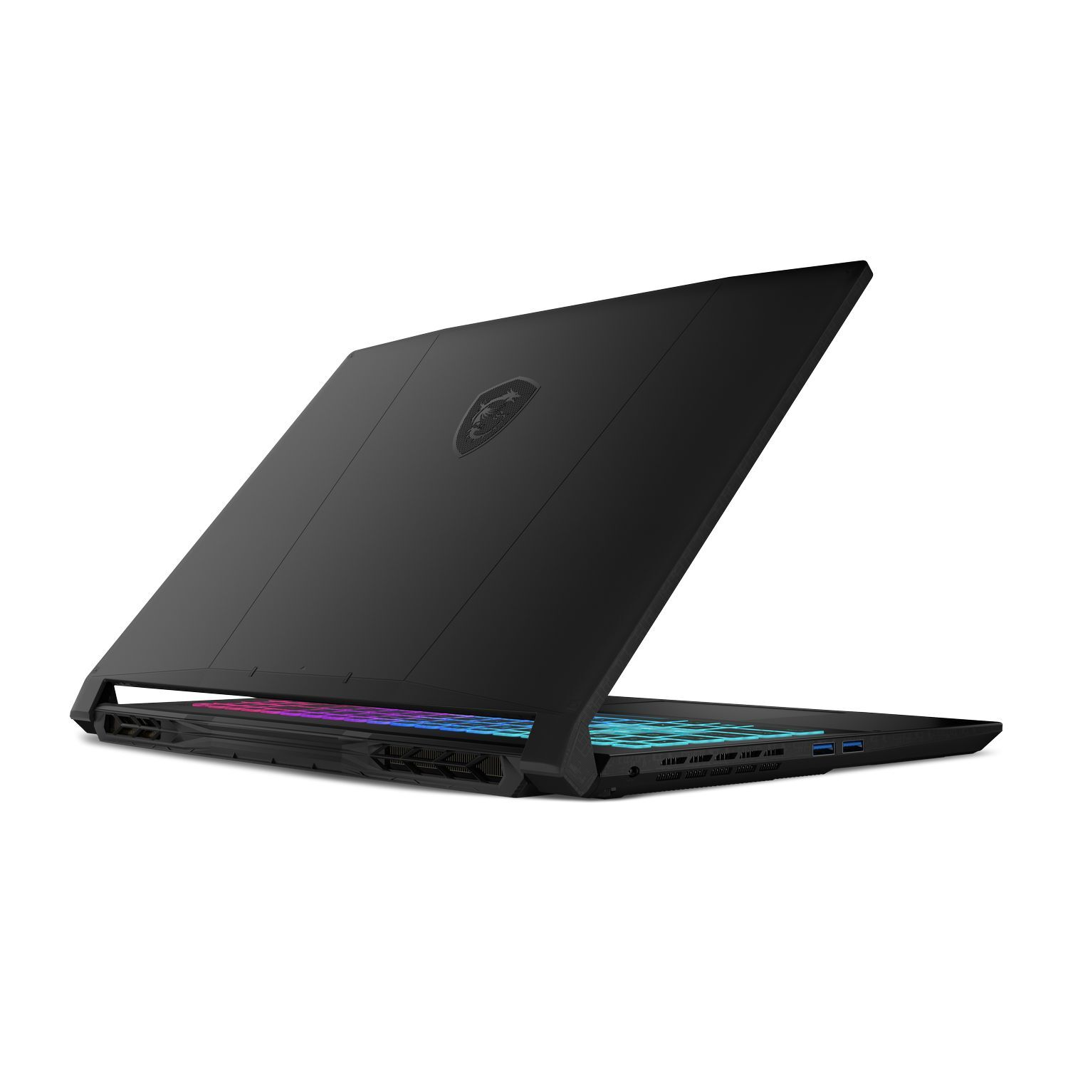 A black laptop is slightly open, revealing a colorful keyboard. The laptop is on a white surface. The MSI logo is visible.