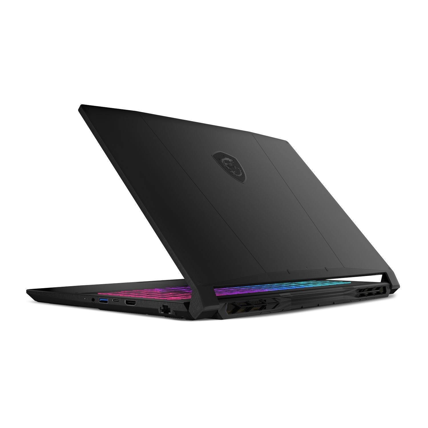 Un ordinateur portable noir est légèrement ouvert sur fond blanc. Le clavier a une lueur colorée. Le logo MSI est visible.