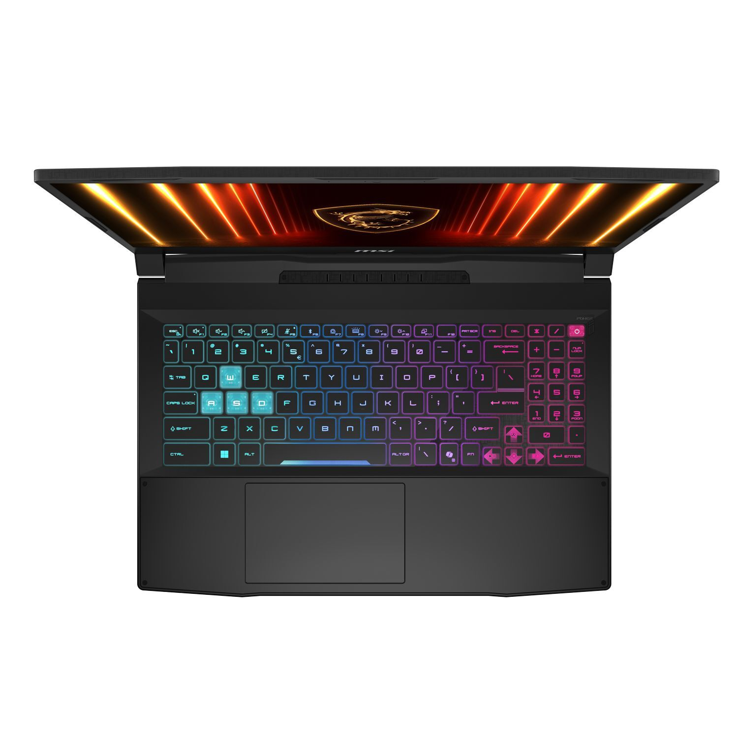 Ordinateur portable vu d'en haut. Écran ouvert avec affichage coloré. Clavier avec touches éclairées. Pavé tactile sous le clavier.