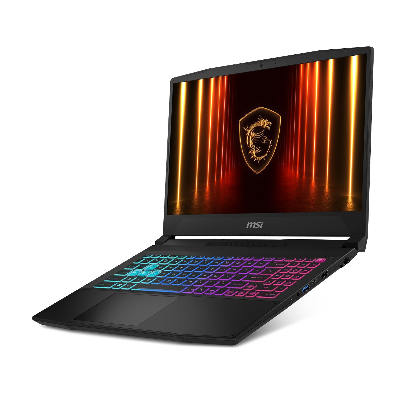 Ordinateur portable MSI noir avec clavier rétro-éclairé. L'écran affiche un logo de dragon doré. Le fond a des lignes de lumière orange.