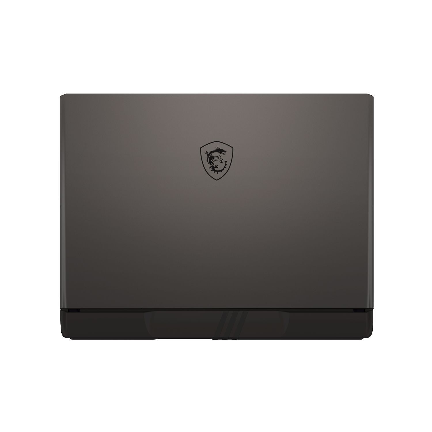 A closed gray laptop with a black MSI logo on the lid. The bottom edge has a black base with a design.