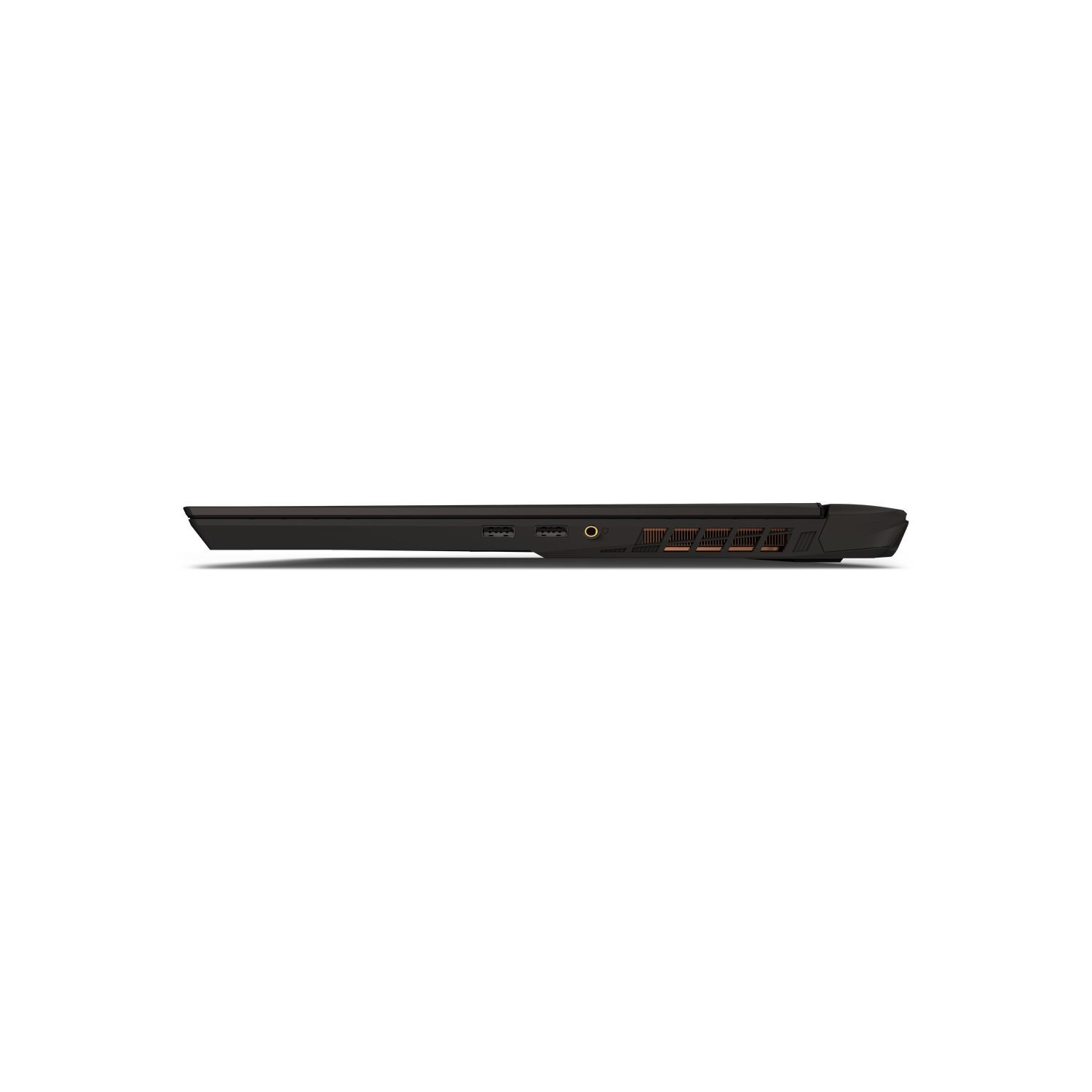 Side view of a black laptop. Ports and vents are visible along the side, with a simple, minimalist design.