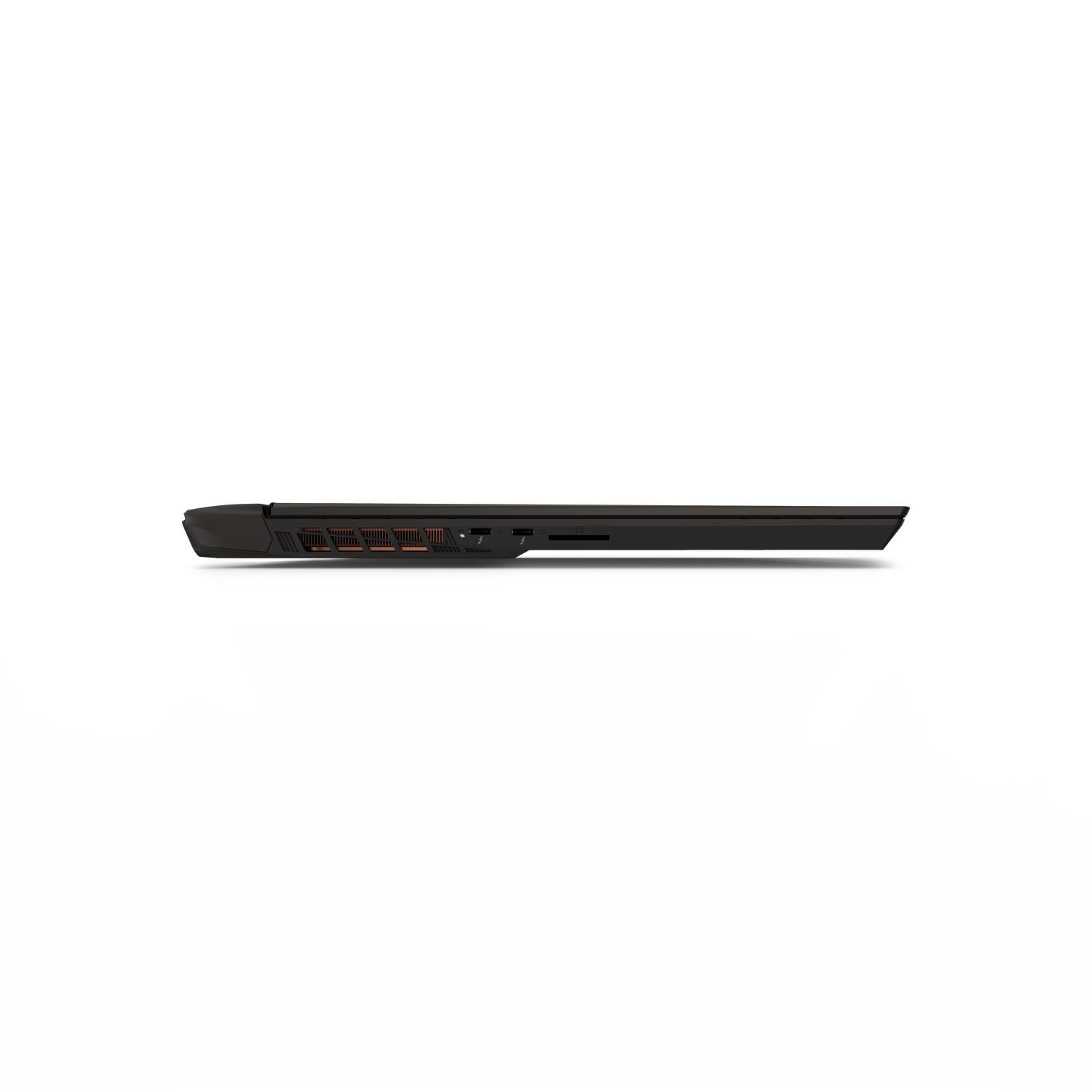 Side view of a black laptop. Visible ports include USB, HDMI, and an SD card slot. The laptop is on a white background.