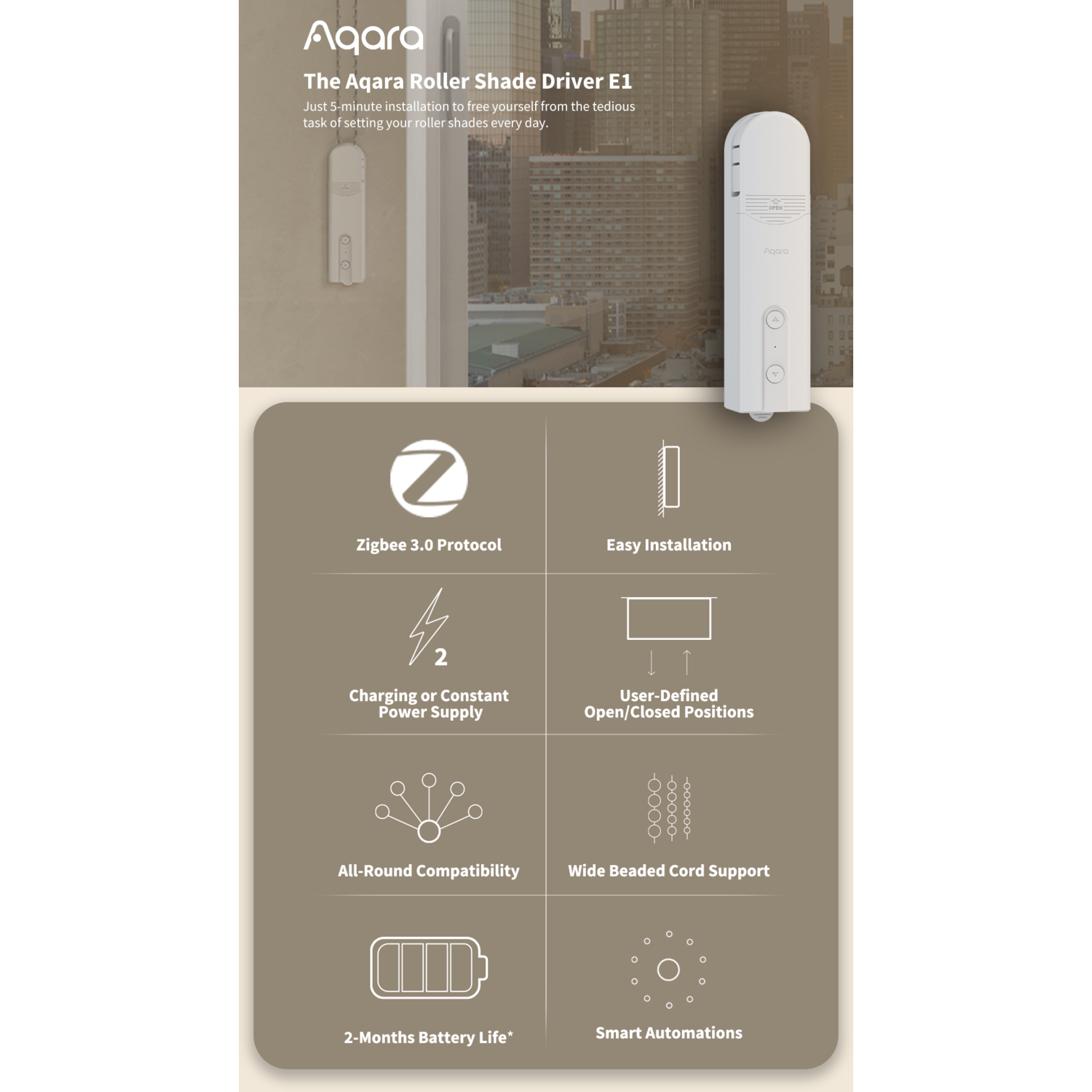 Aqara Roller Shade Driver E1 product image. Features include Zigbee, easy installation, power supply, and smart automation.