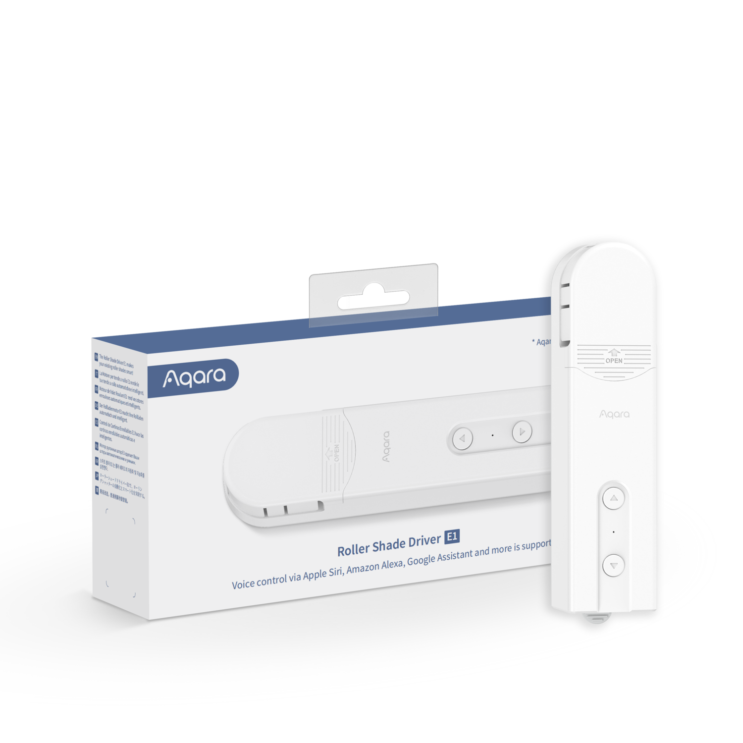 White Aqara Roller Shade Driver box and device. Both have the Aqara logo. The box has instructions. The device has buttons.