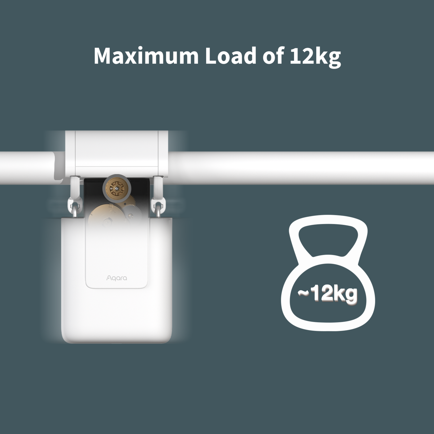 White device on a white bar.  Text above: Maximum Load of 12kg. A weight with ~12kg is on the right.