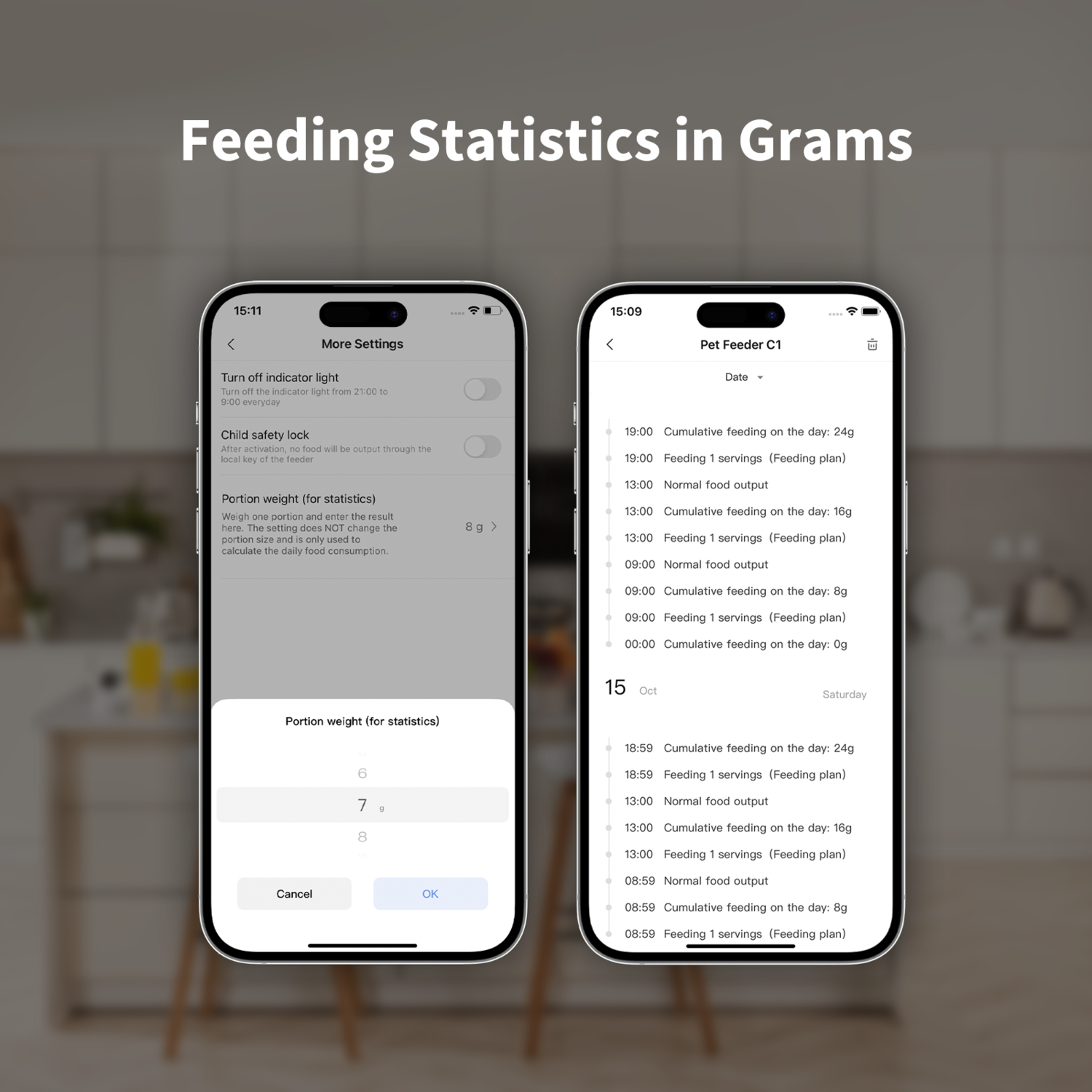 Two smartphones display feeding statistics. One shows settings, the other shows a feeding log with times and amounts in grams.