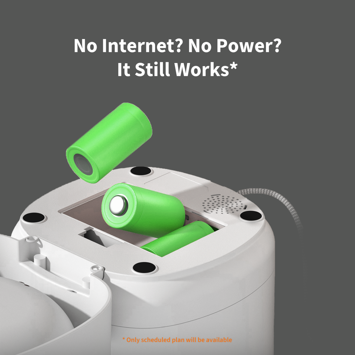 White device with green batteries inside. The text says: No Internet? No Power? It Still Works.