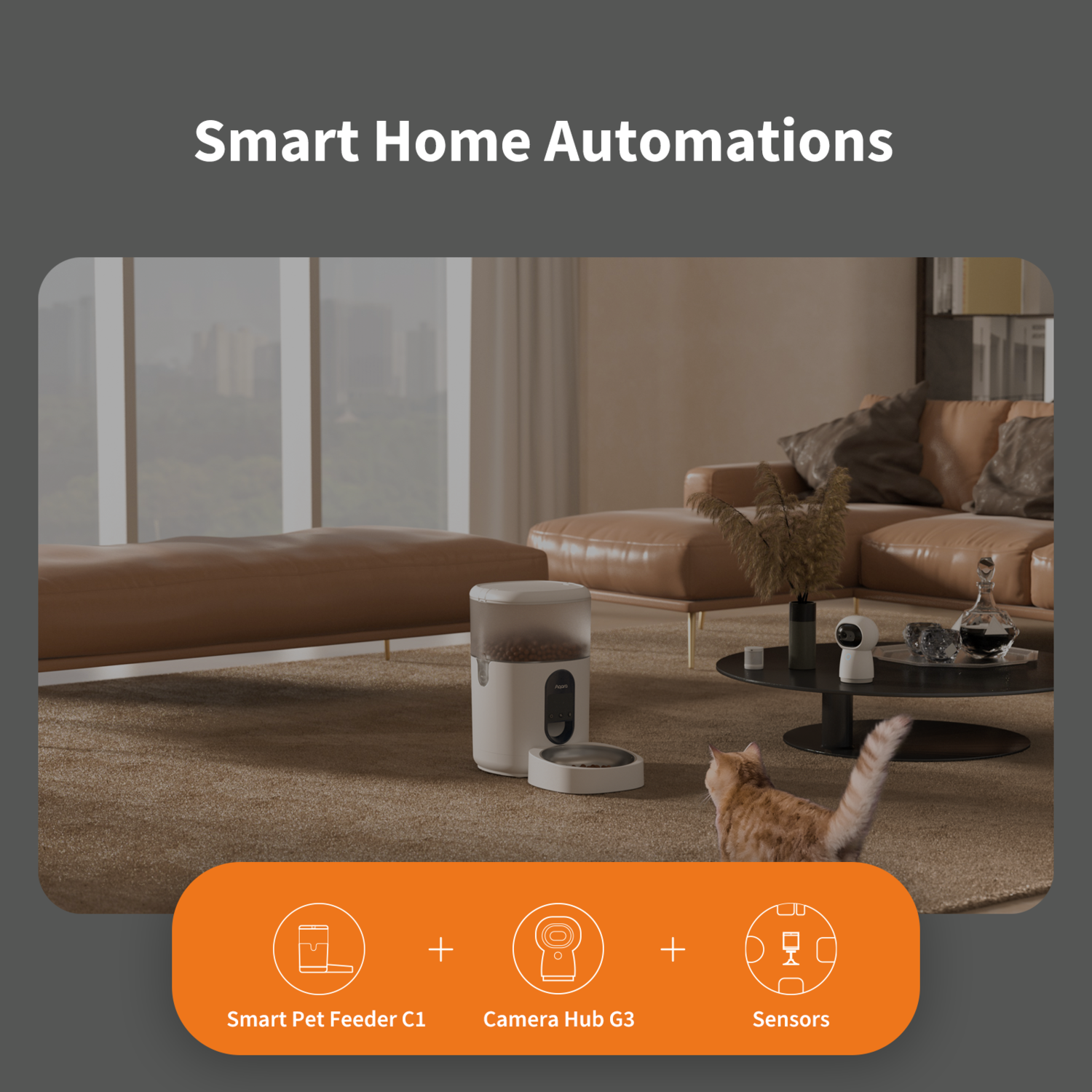 A living room with smart home devices. A cat sits near a pet feeder. Text reads: Smart Home Automations.