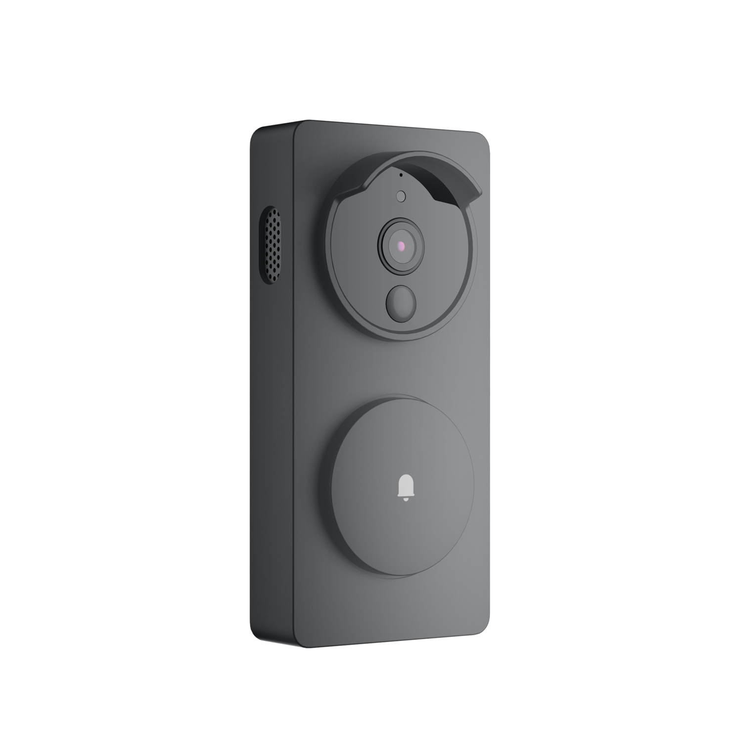 A gray rectangular doorbell with a camera, button, and speaker. A circular button with a bell icon is at the bottom.