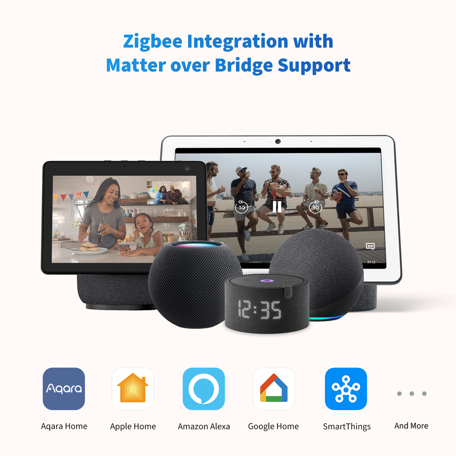Image shows smart home devices with screens displaying videos.  Logos for Aqara, Apple, Amazon, Google, SmartThings, and more are shown.