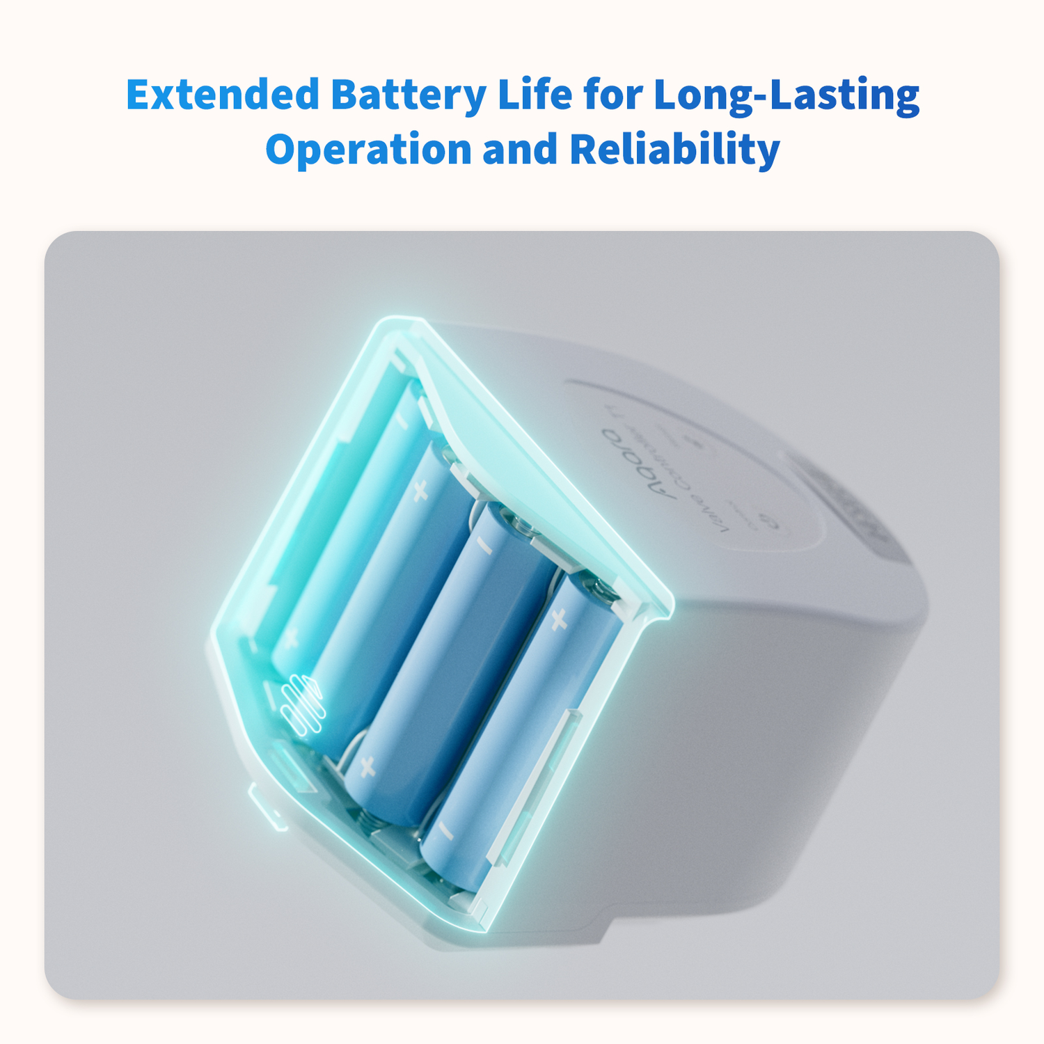 A device with visible blue batteries. The device has a transparent blue cover. Text at the top reads: Extended Battery Life for Long-Lasting Operation and Reliability.