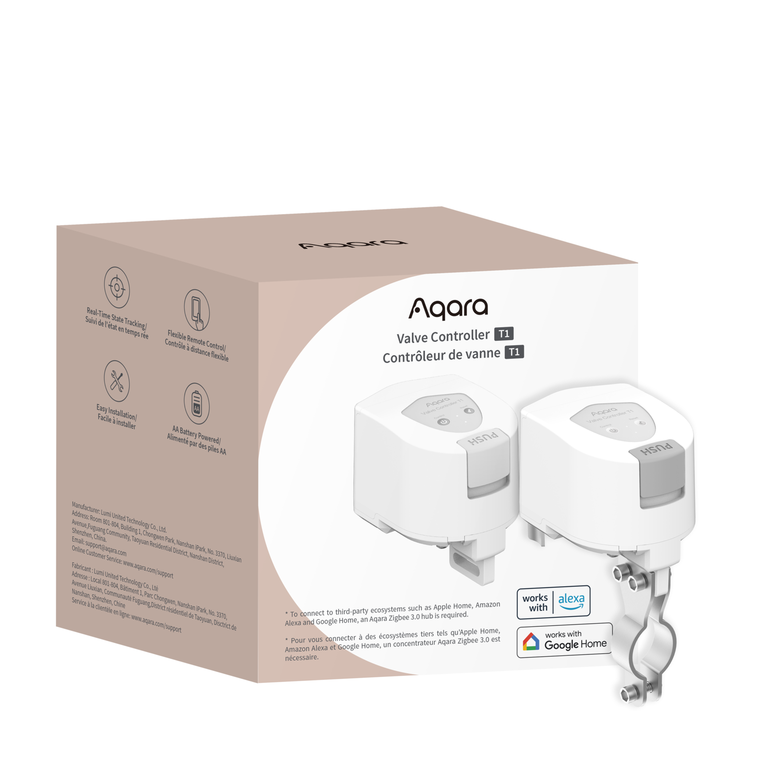 White Aqara Valve Controller T1 package. Includes two valve controllers. Features include Alexa and Google Home compatibility.