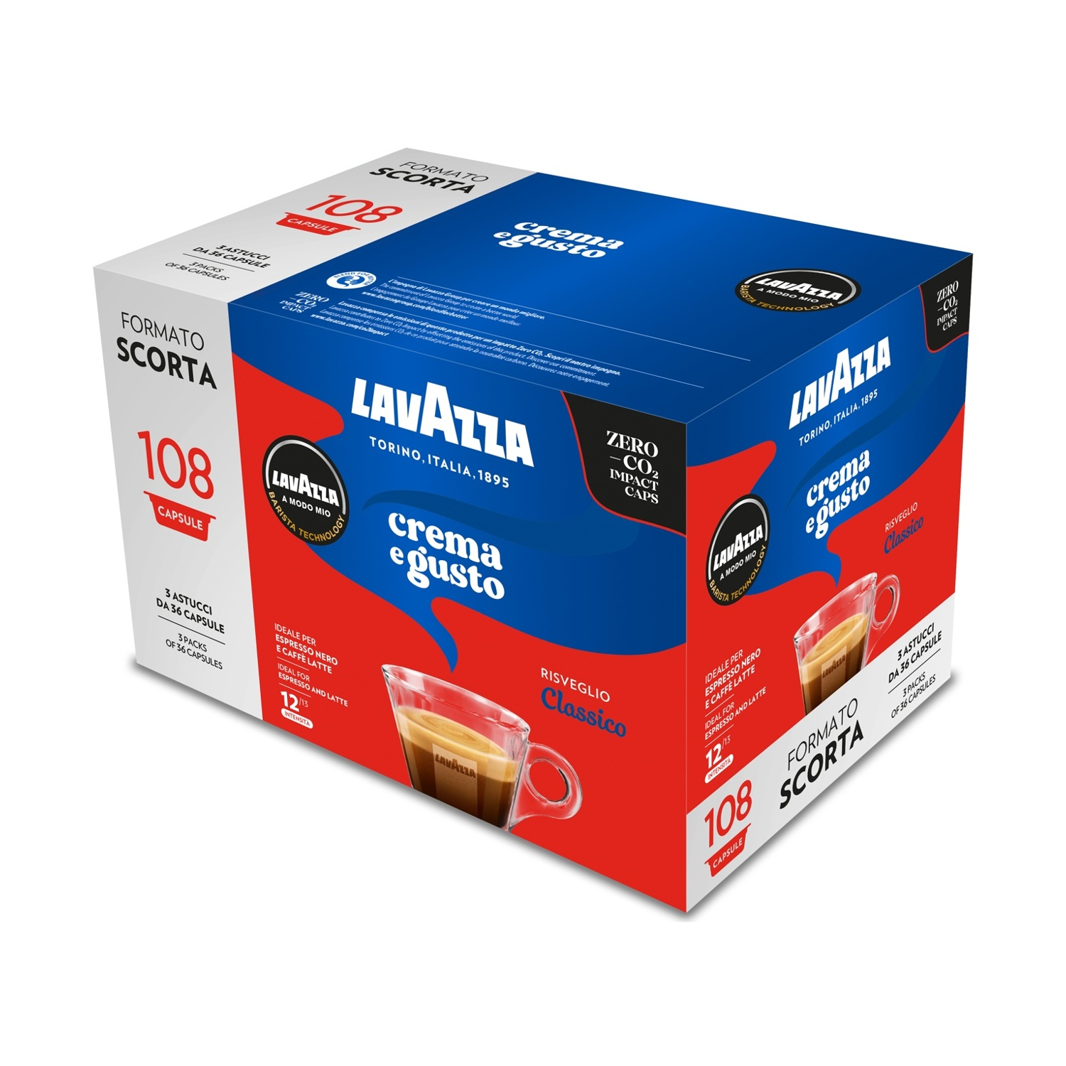 Una scatola di caffè Lavazza con 'crema e gusto'. Contiene 108 capsule. Ha colori blu, rosso e bianco.