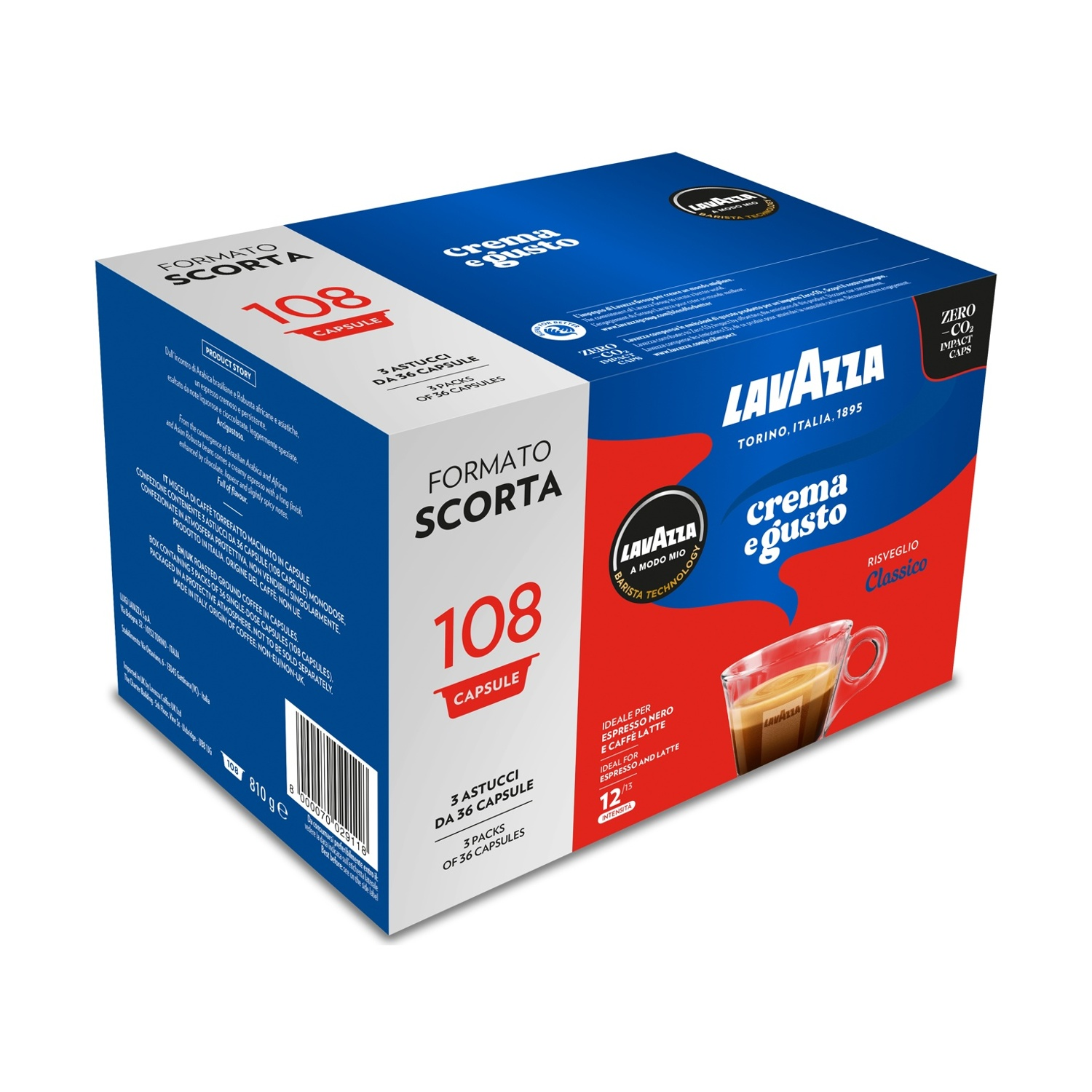 Scatola di caffè Lavazza con 108 capsule. Ha una tazza rossa con caffè e testo in italiano.