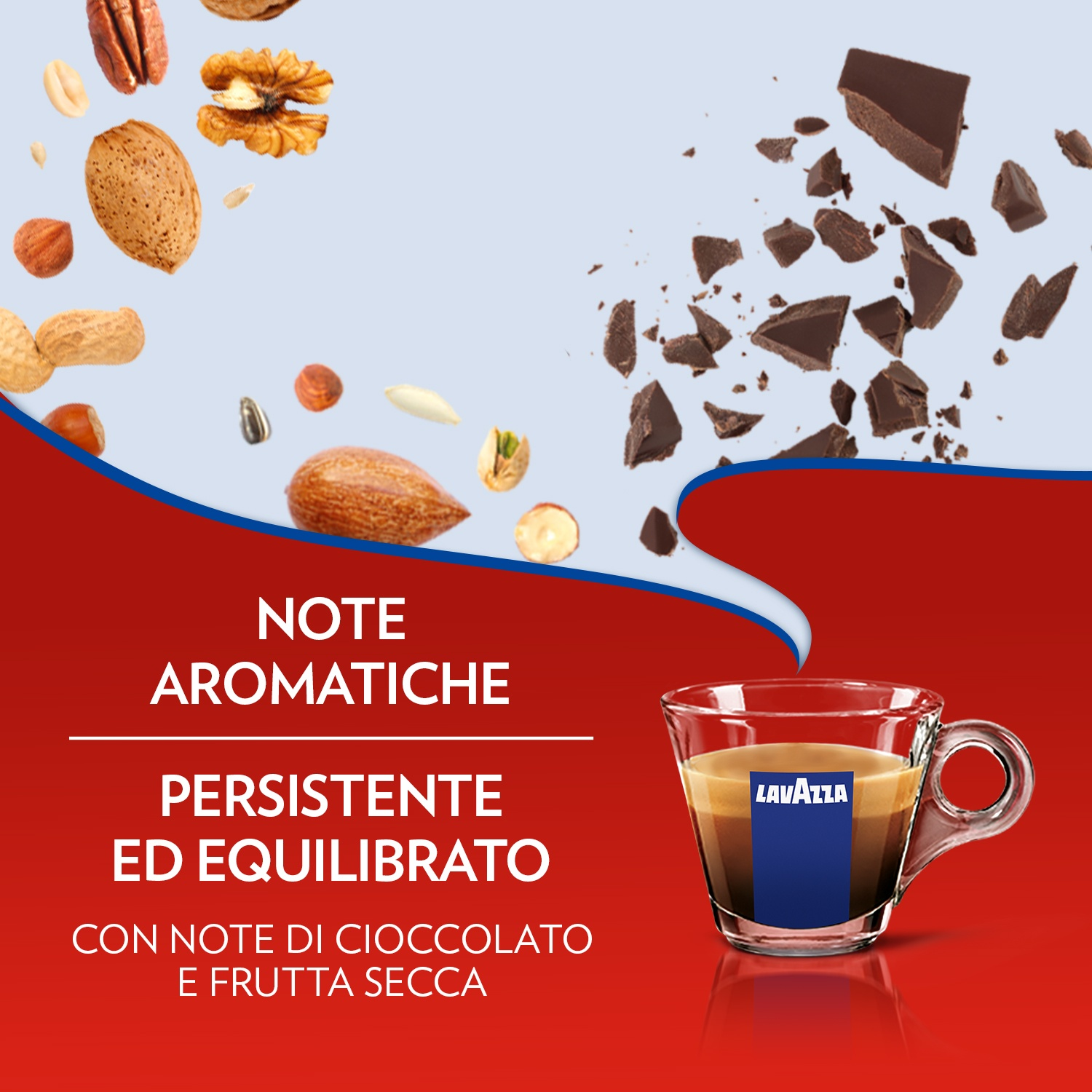 L'immagine mostra caffè in un bicchiere, noci e pezzi di cioccolato. Il testo recita: 'Note aromatiche, persistenti ed equilibrate, con note di cioccolato e frutta secca'.