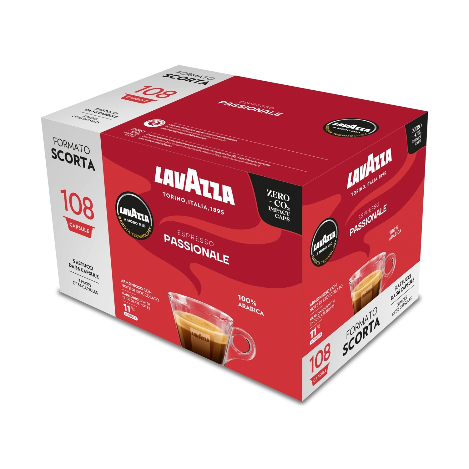 Una scatola di caffè Lavazza. Confezione rossa e bianca, con immagine della tazza di caffè. Testo: Espresso Passionale, 108 capsule e logo Lavazza.