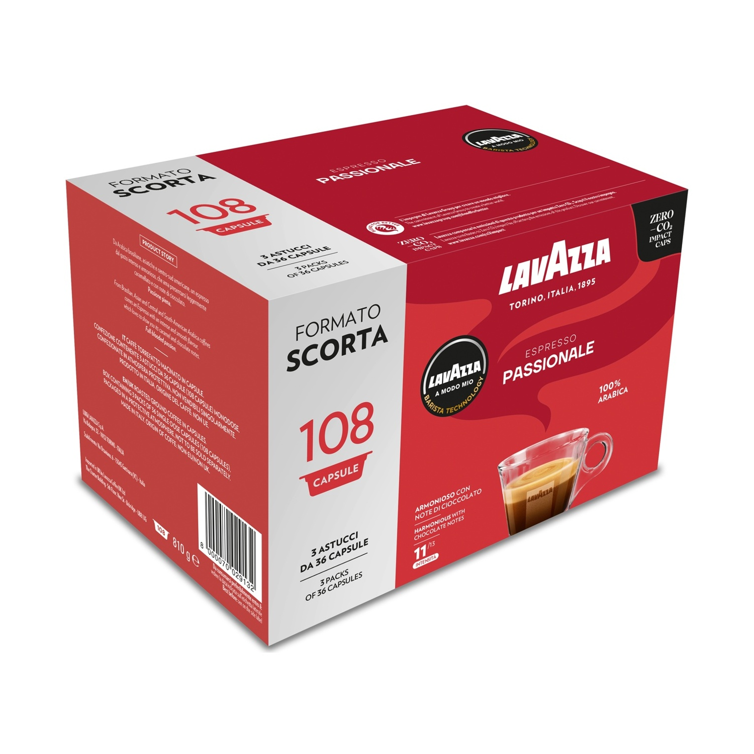 Una scatola di caffè Lavazza. Rossa e bianca con testo. Una tazza di caffè è sul davanti.