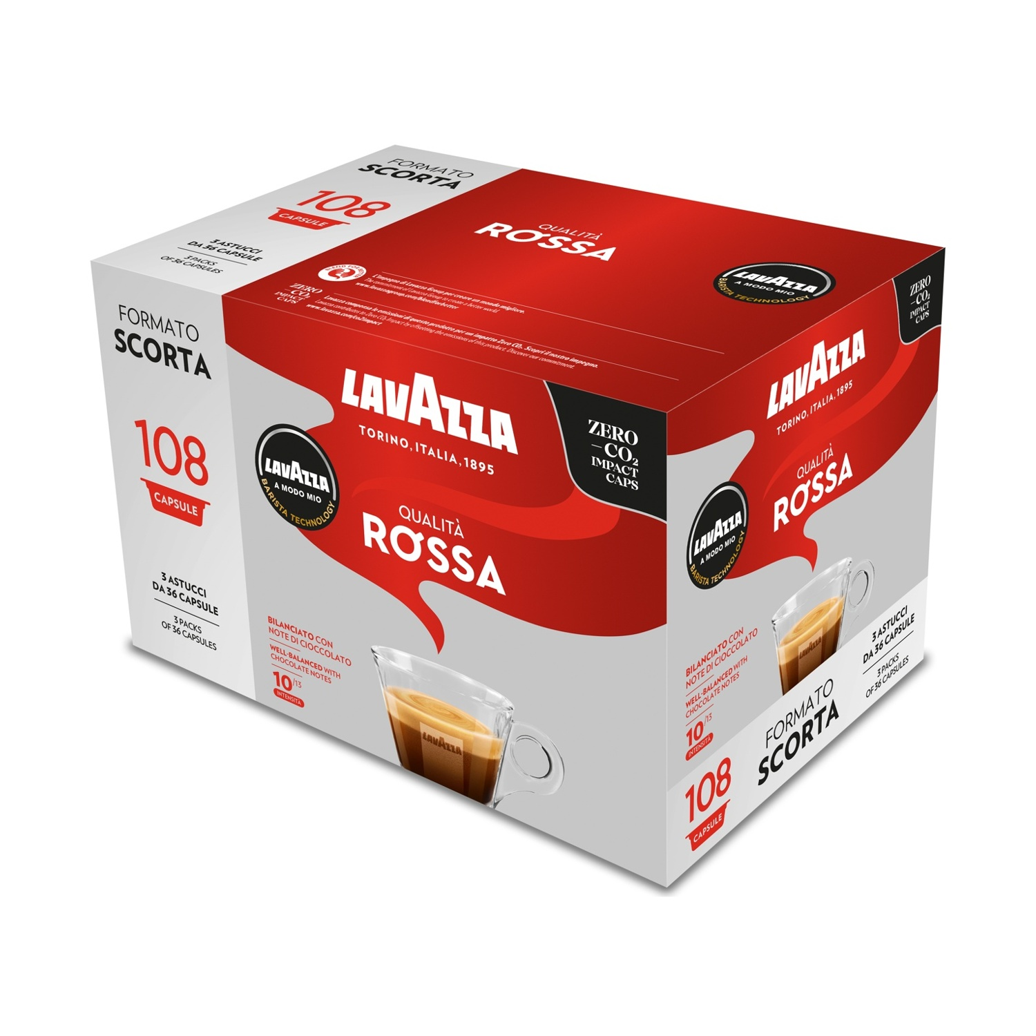 Scatola di capsule di caffè Lavazza Qualità Rossa. Confezione rossa e bianca. Contiene 108 capsule.