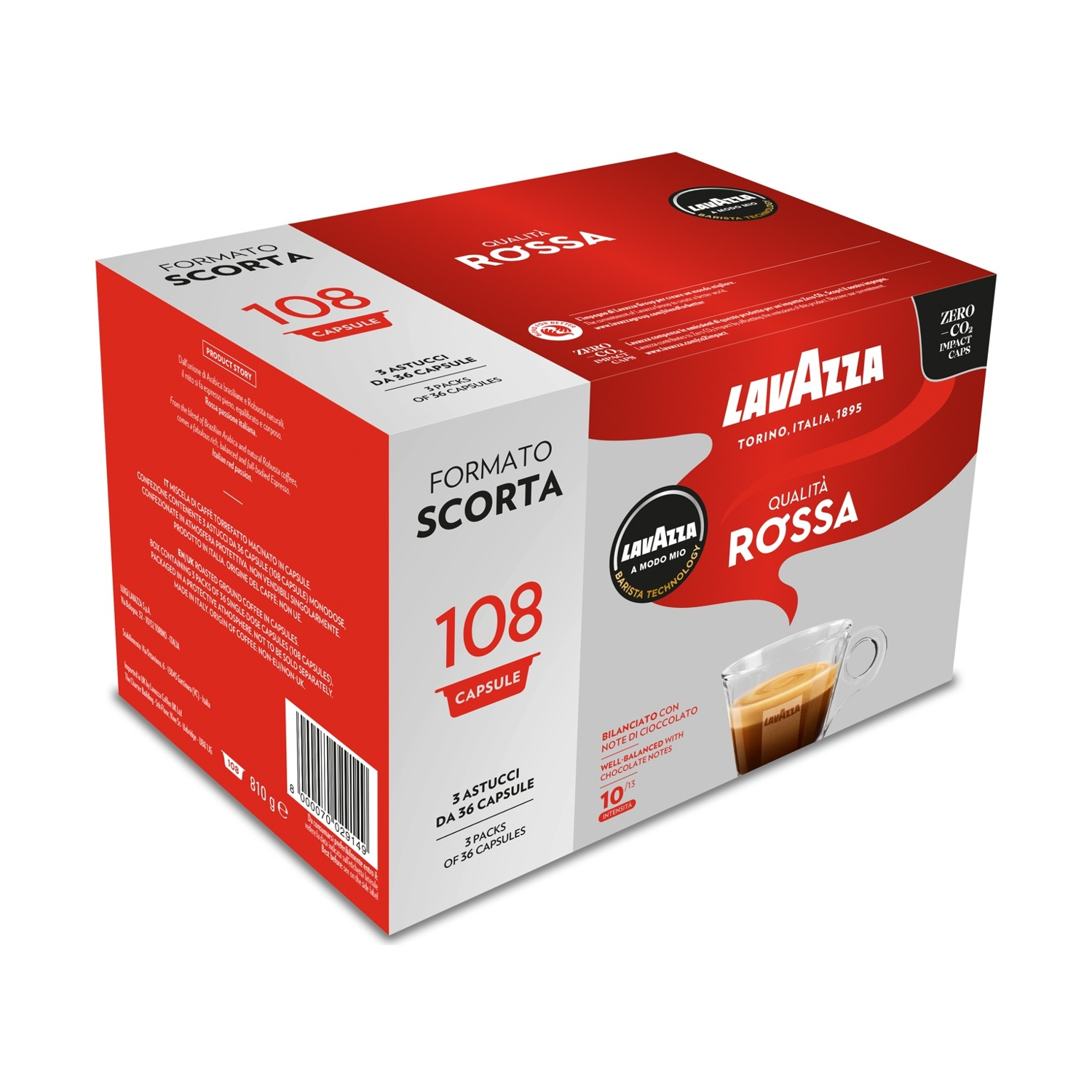 Una scatola di caffè Lavazza Qualità Rossa. È rossa e bianca con il logo Lavazza e un'immagine di tazza di caffè.