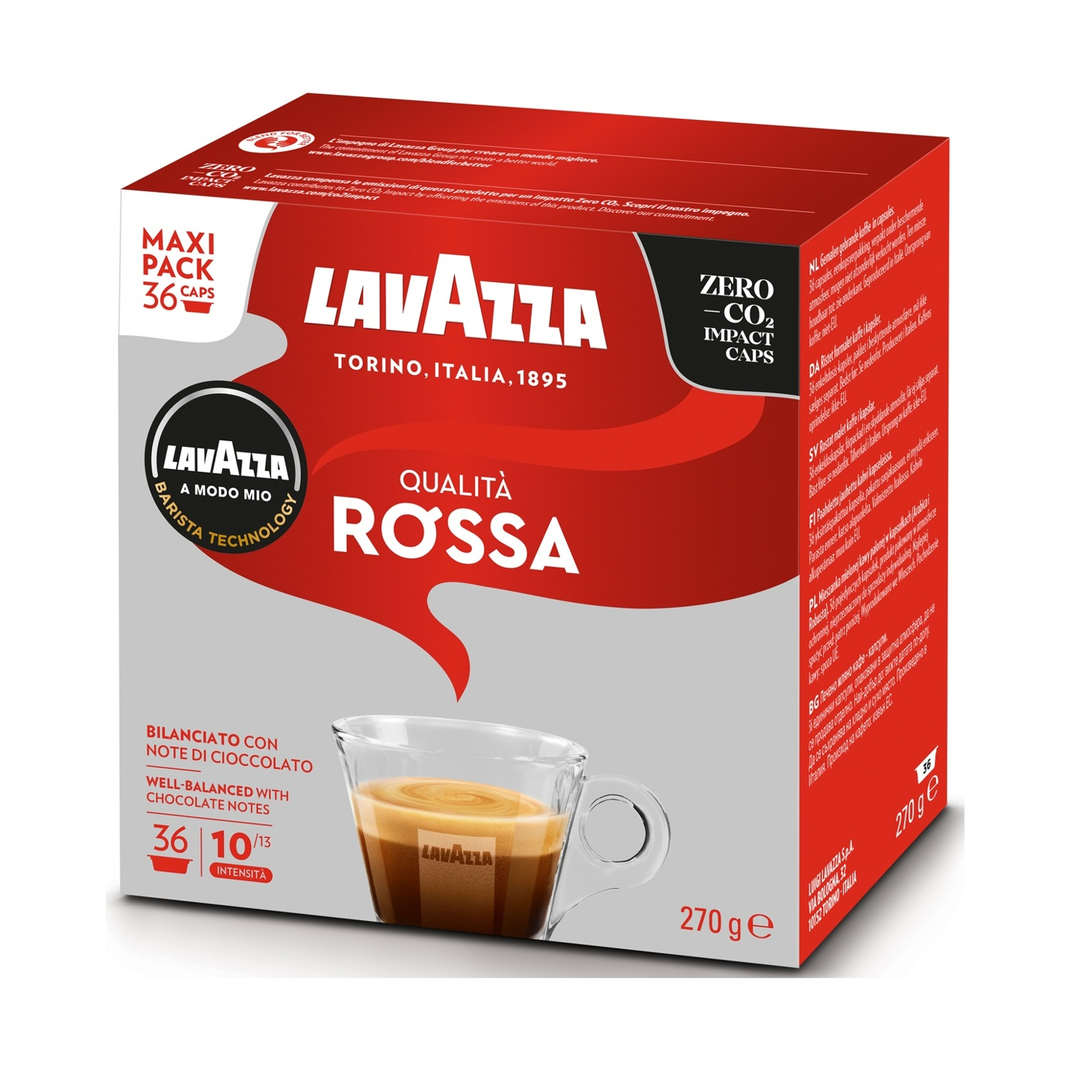 Scatola di capsule di caffè Lavazza. Presenta una tazza di caffè con espresso e testo in italiano.
