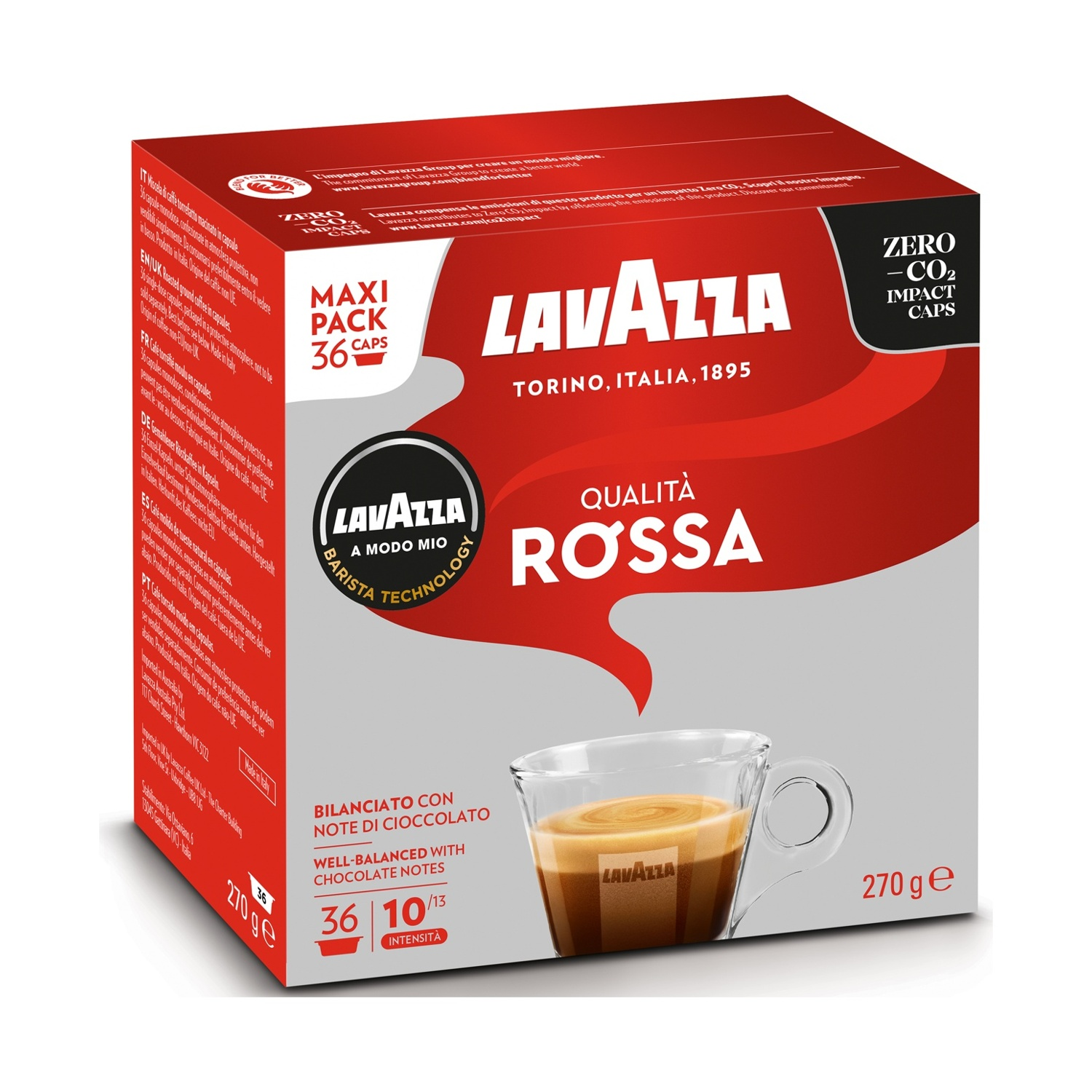 Scatola di caffè Lavazza con una tazza di caffè. Scatola rossa con testo e una tazza di caffè con manico.