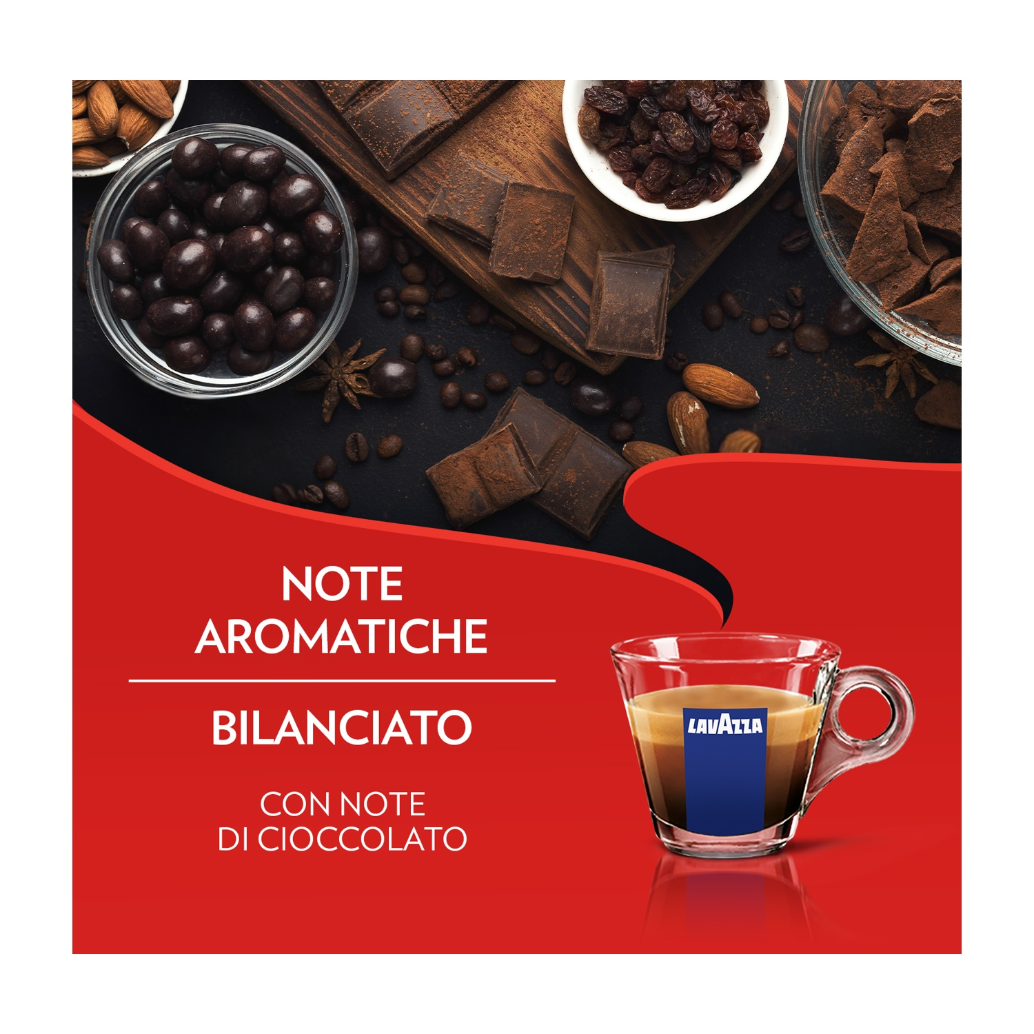 L'immagine mostra caffè in una tazza di vetro con logo Lavazza, vari cioccolatini, noci e uvetta. Il testo a sinistra dice 'note aromatiche'.