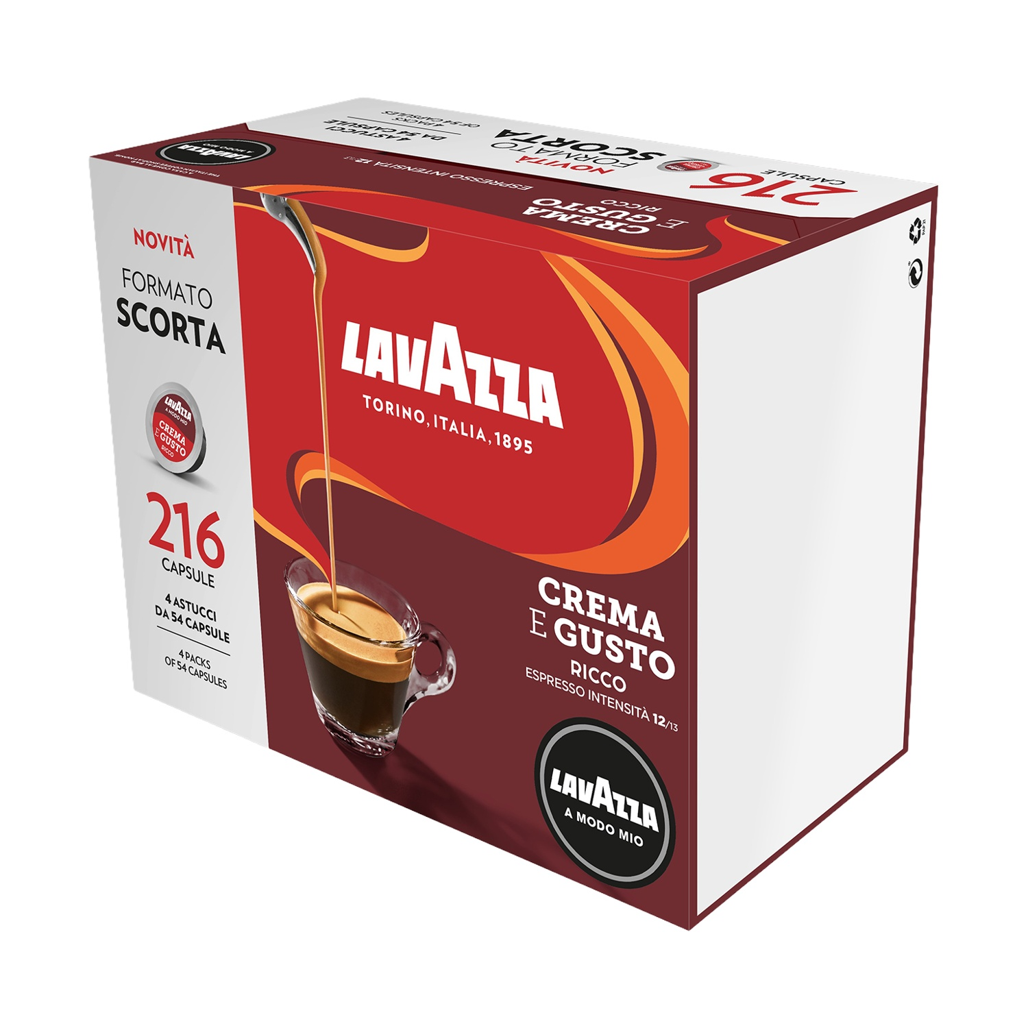 Una scatola di caffè Lavazza con un'illustrazione di tazza di caffè. Mostra il nome del prodotto e i dettagli. La scatola è rossa e bianca.