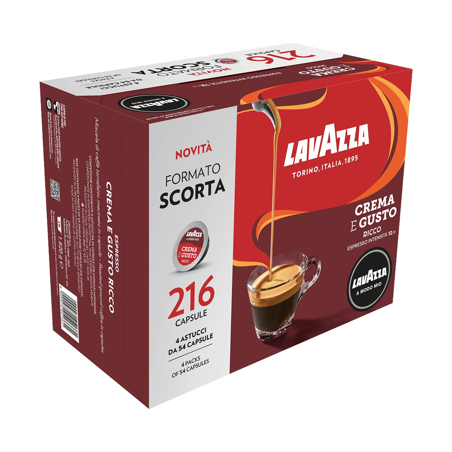 Scatola di caffè Lavazza con espresso versato in un bicchiere. La scatola mostra capsule di caffè e dettagli del marchio.