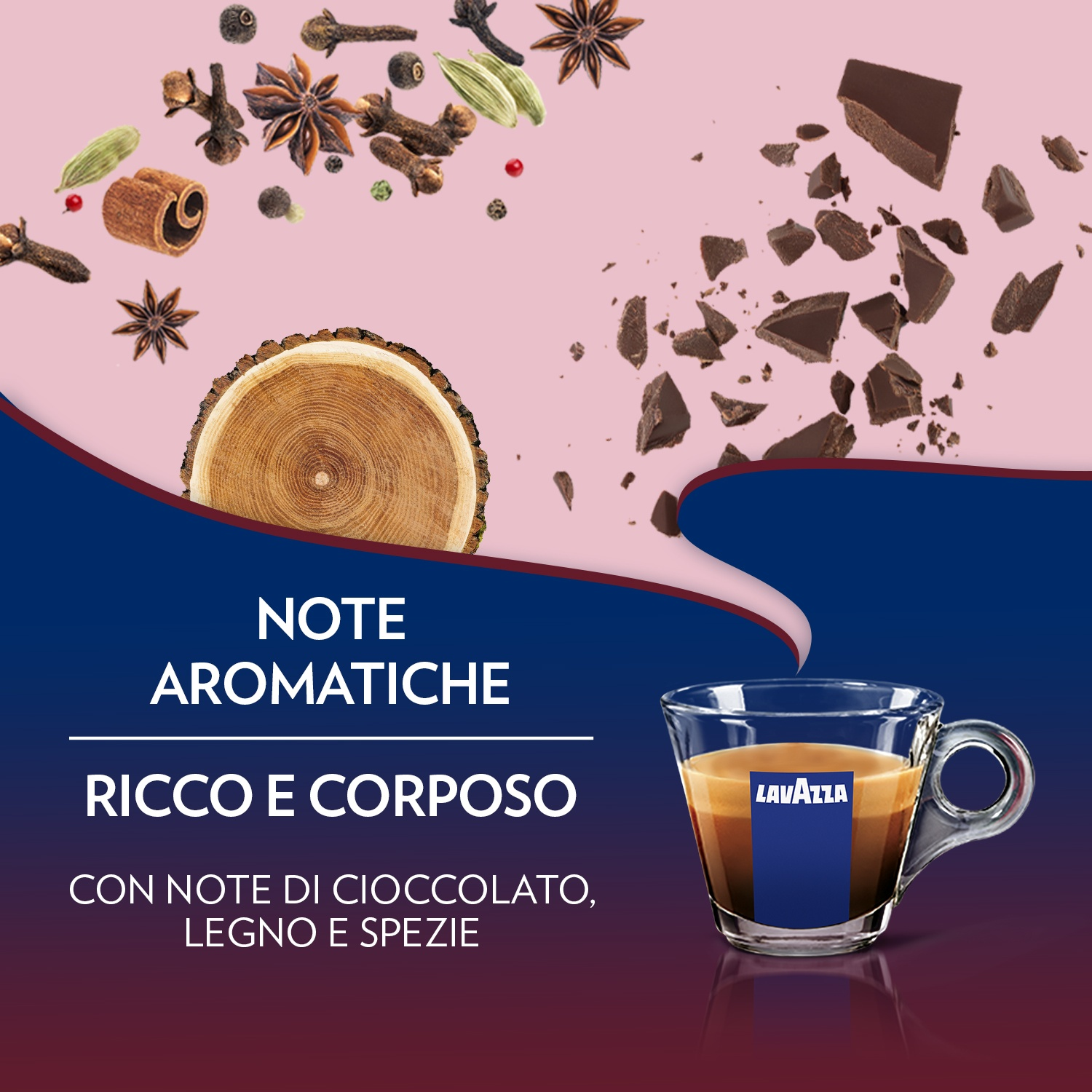 Immagine con caffè, cioccolato e spezie. Una tazza di caffè con logo Lavazza, pezzi di cioccolato e spezie su sfondo rosa.