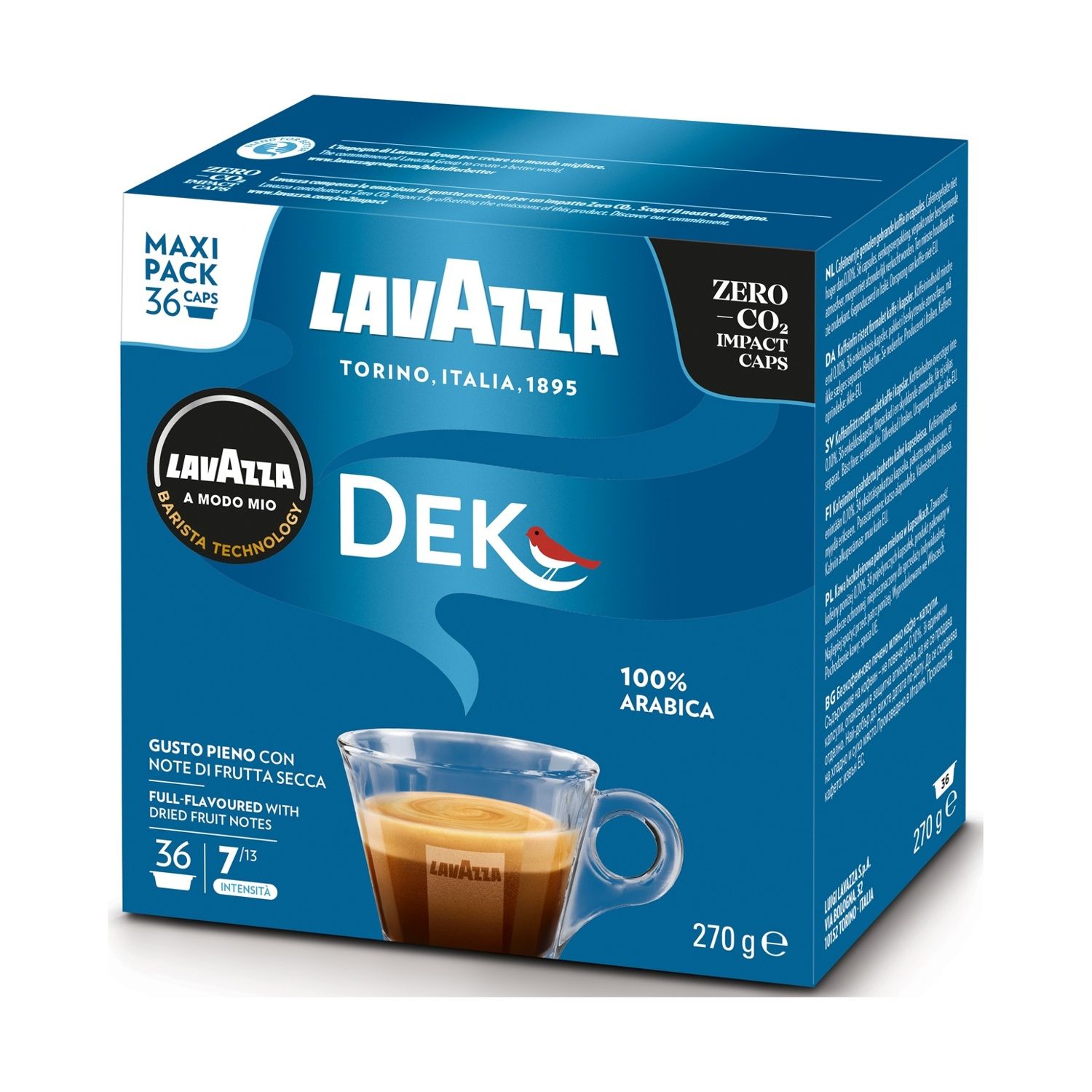 Scatola di caffè. Marchio Lavazza. Contiene capsule di caffè. È mostrata una tazza di caffè. Sfondo blu.