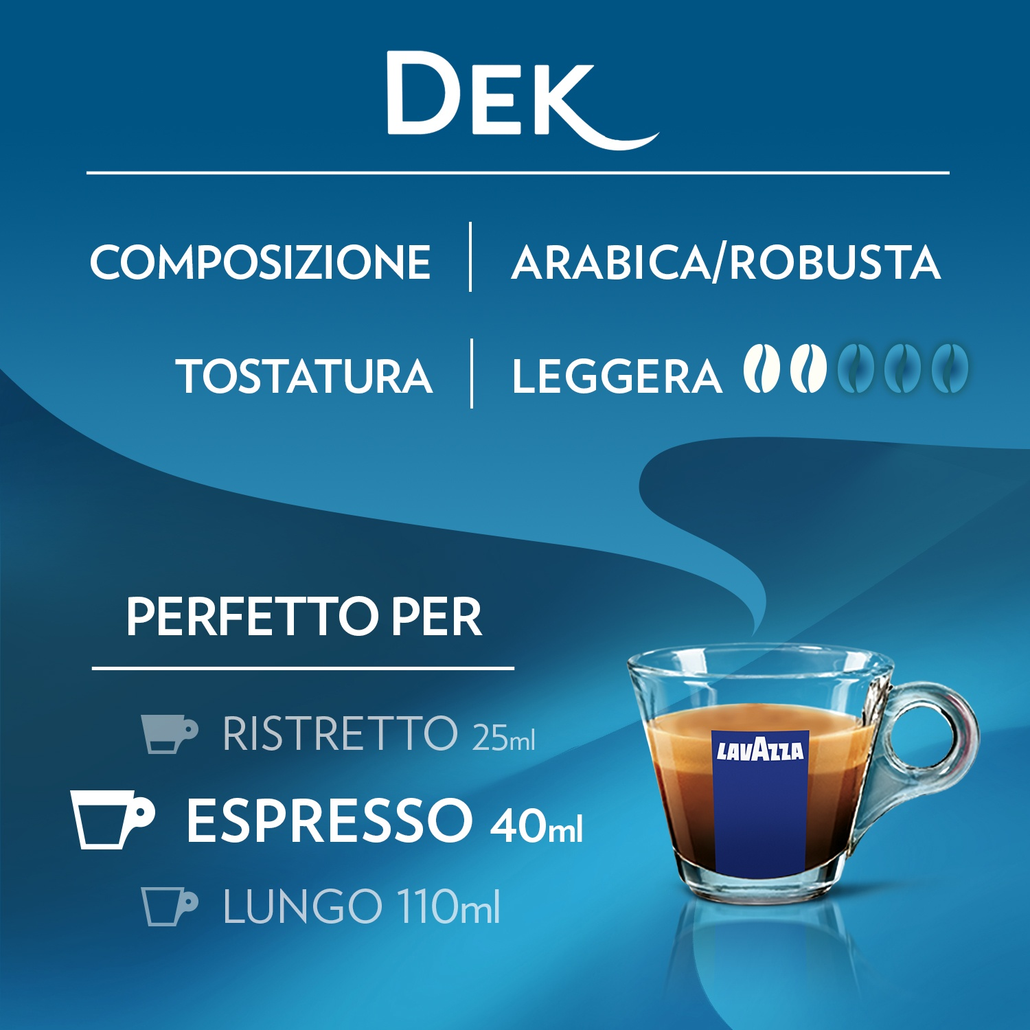 Immagine di una tazza di caffè Lavazza con espresso. Testo: Arabica/Robusta, leggera, perfetto per ristretto, espresso, lungo.