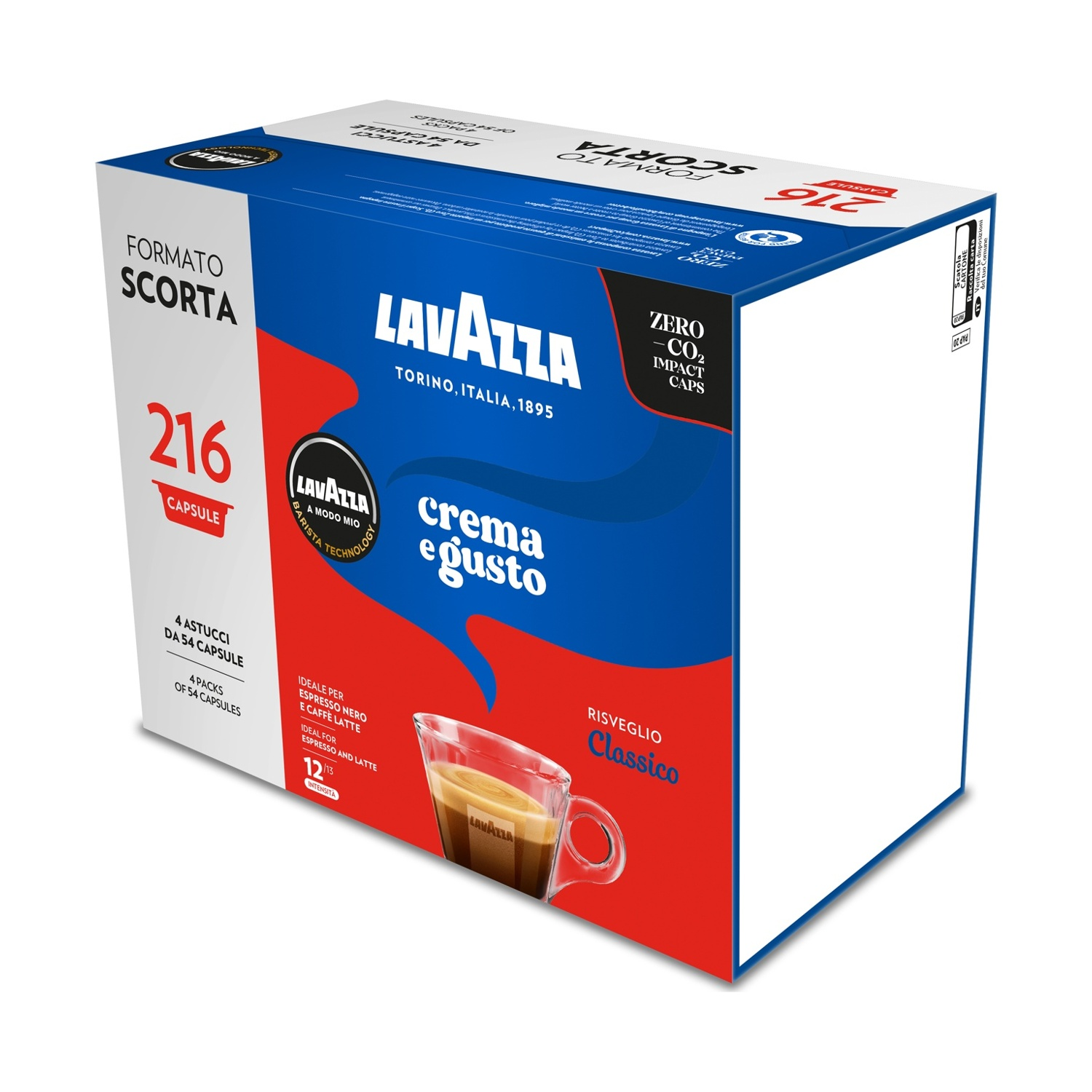 Scatola di caffè Lavazza. Ha colori rosso e blu. C'è un bicchiere di caffè nell'angolo in basso a destra.