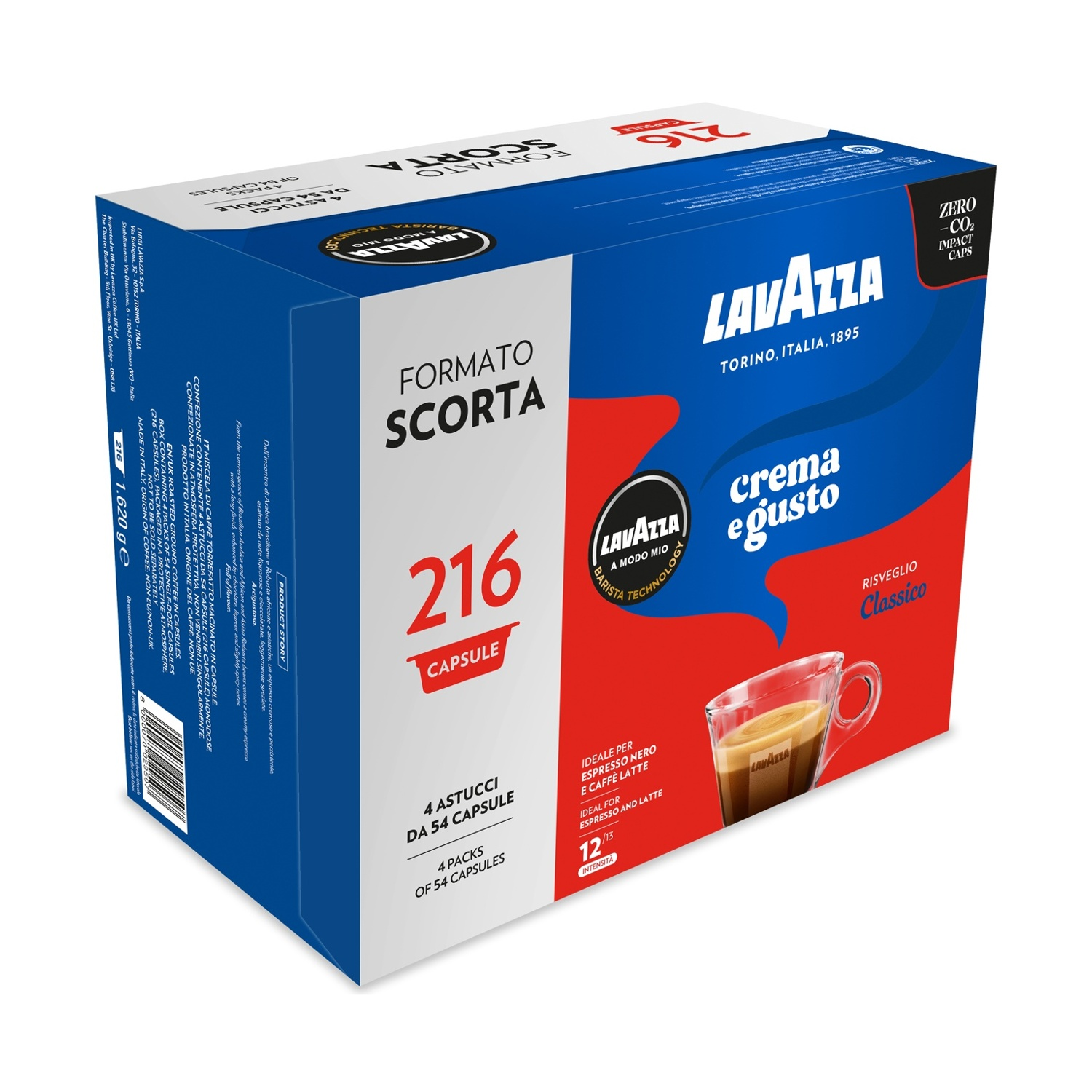 Una scatola di caffè Lavazza, blu e rossa, con l'immagine di una tazza di caffè. La scatola contiene 216 capsule, con testo in italiano.